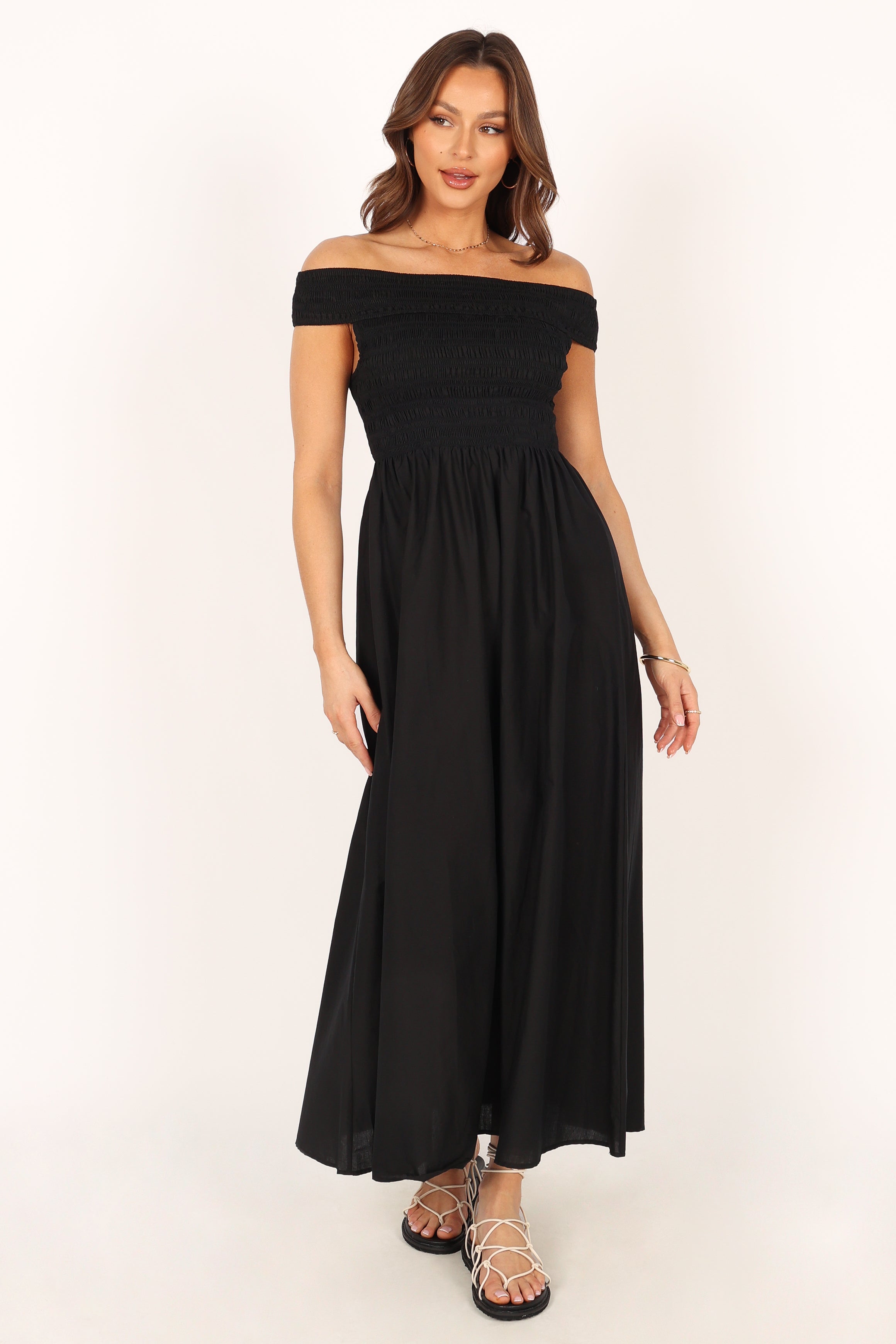 Petal and Pup USA DRESSES Tessa Off Shoulder Midi Dress - Black