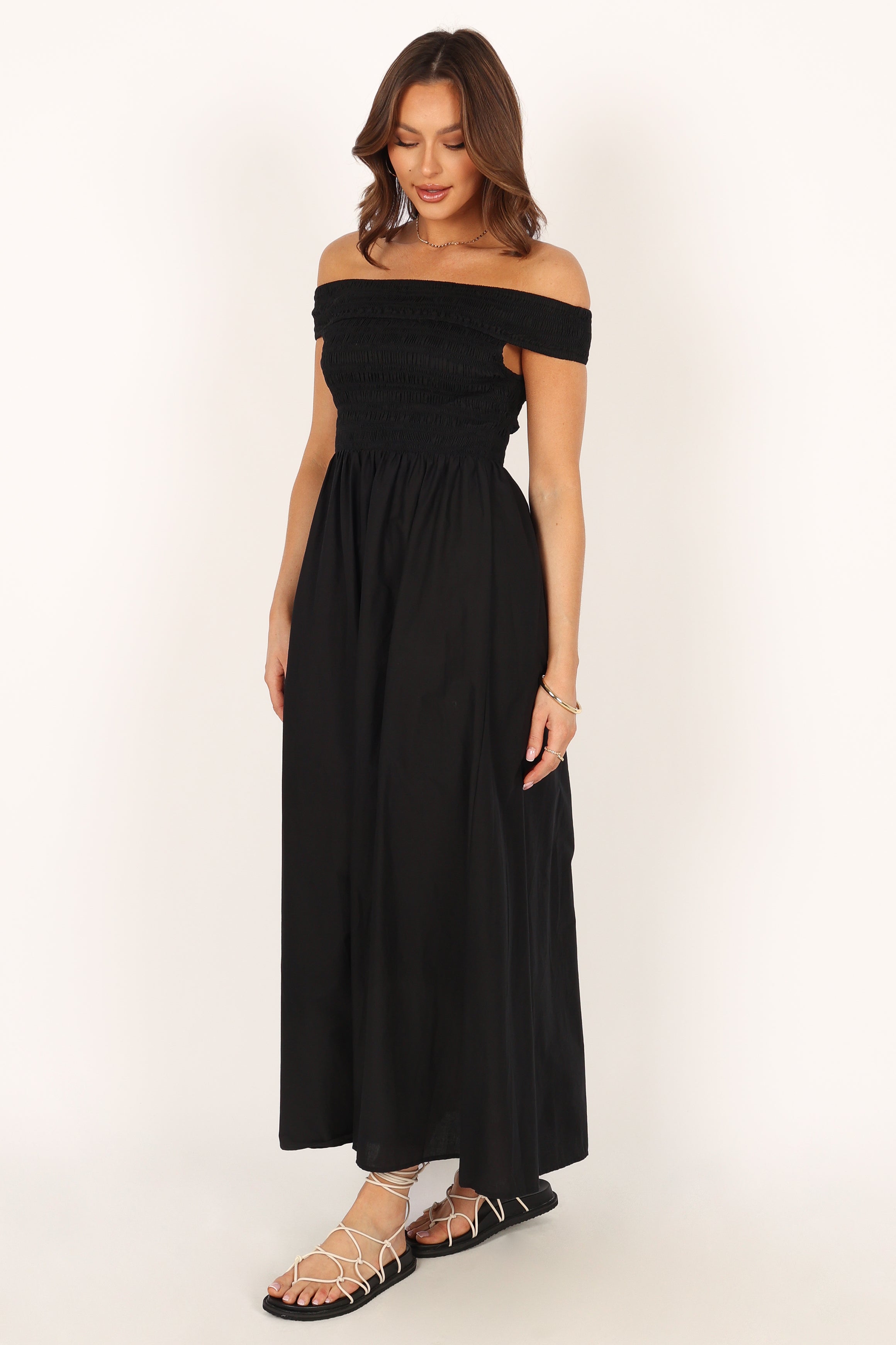 Petal and Pup USA DRESSES Tessa Off Shoulder Midi Dress - Black