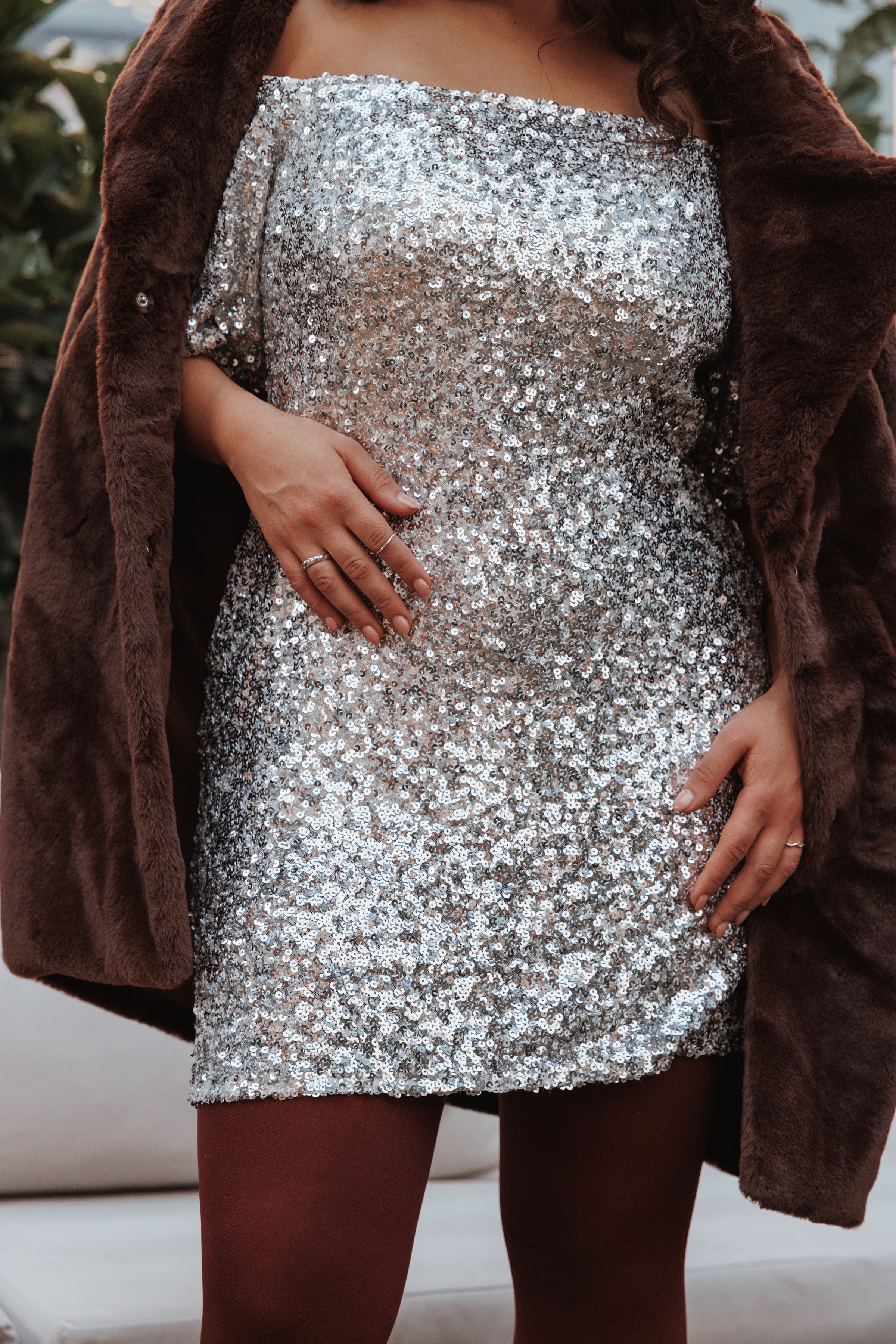 Petal and Pup USA DRESSES Tory Off Shoulder Sequin Mini Dress - Silver