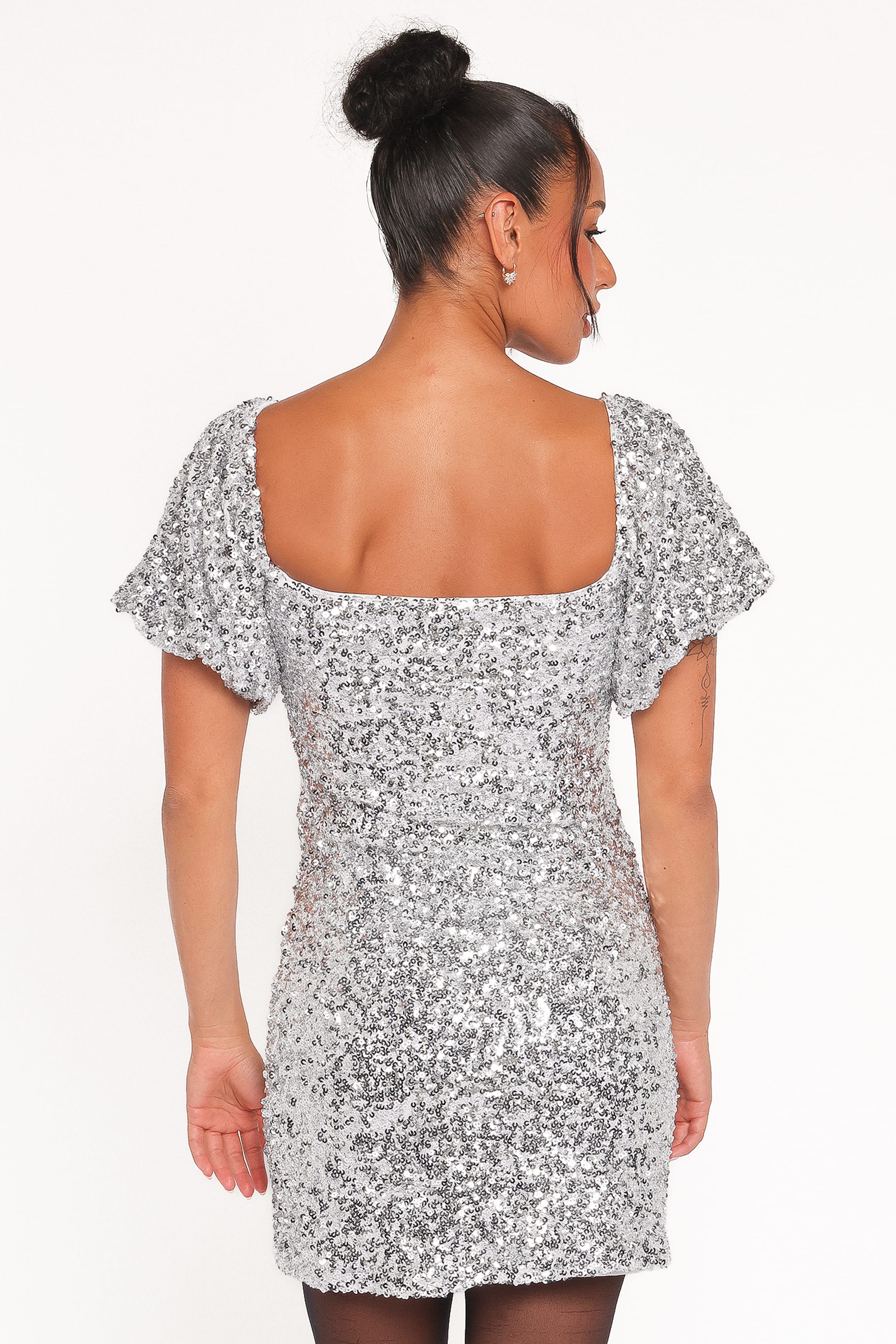 Petal and Pup USA DRESSES Tory Off Shoulder Sequin Mini Dress - Silver