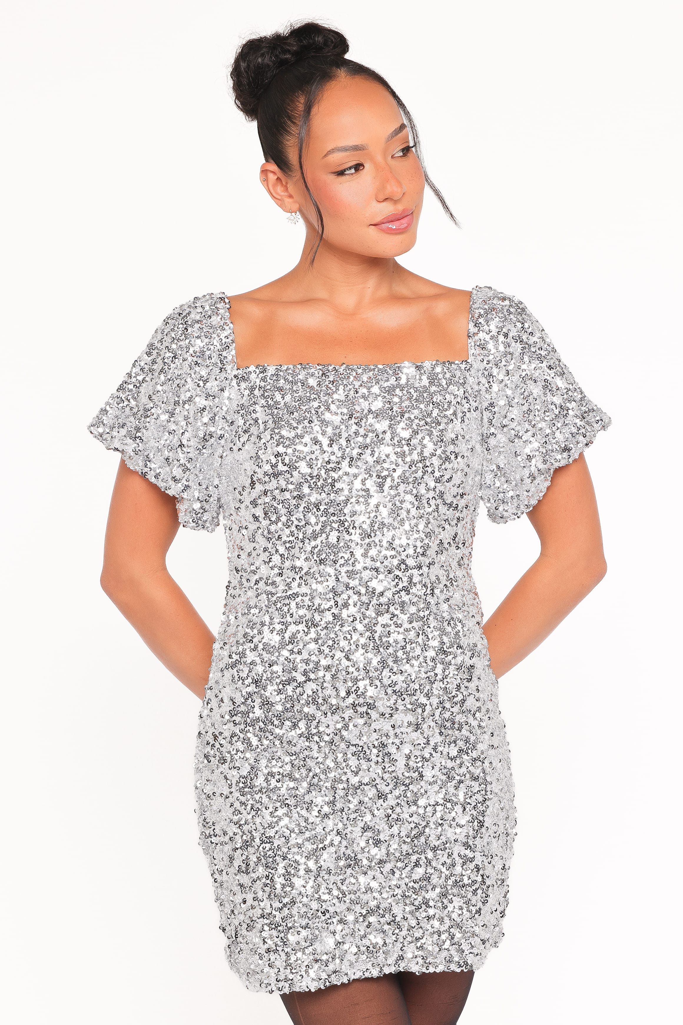 Petal and Pup USA DRESSES Tory Off Shoulder Sequin Mini Dress - Silver