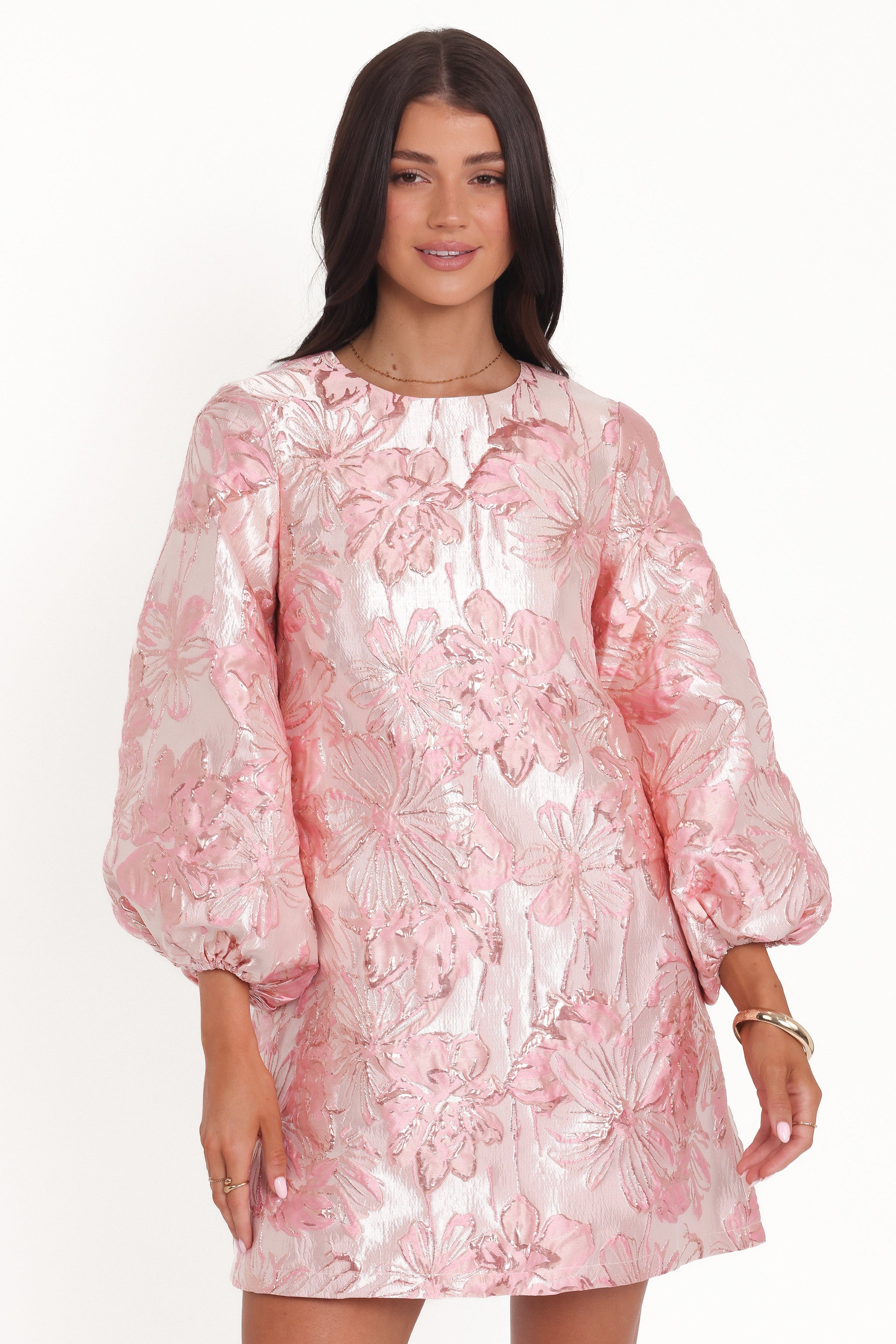 Petal and Pup USA DRESSES Treloar Long Sleeve Mini Dress - Pink Brocade