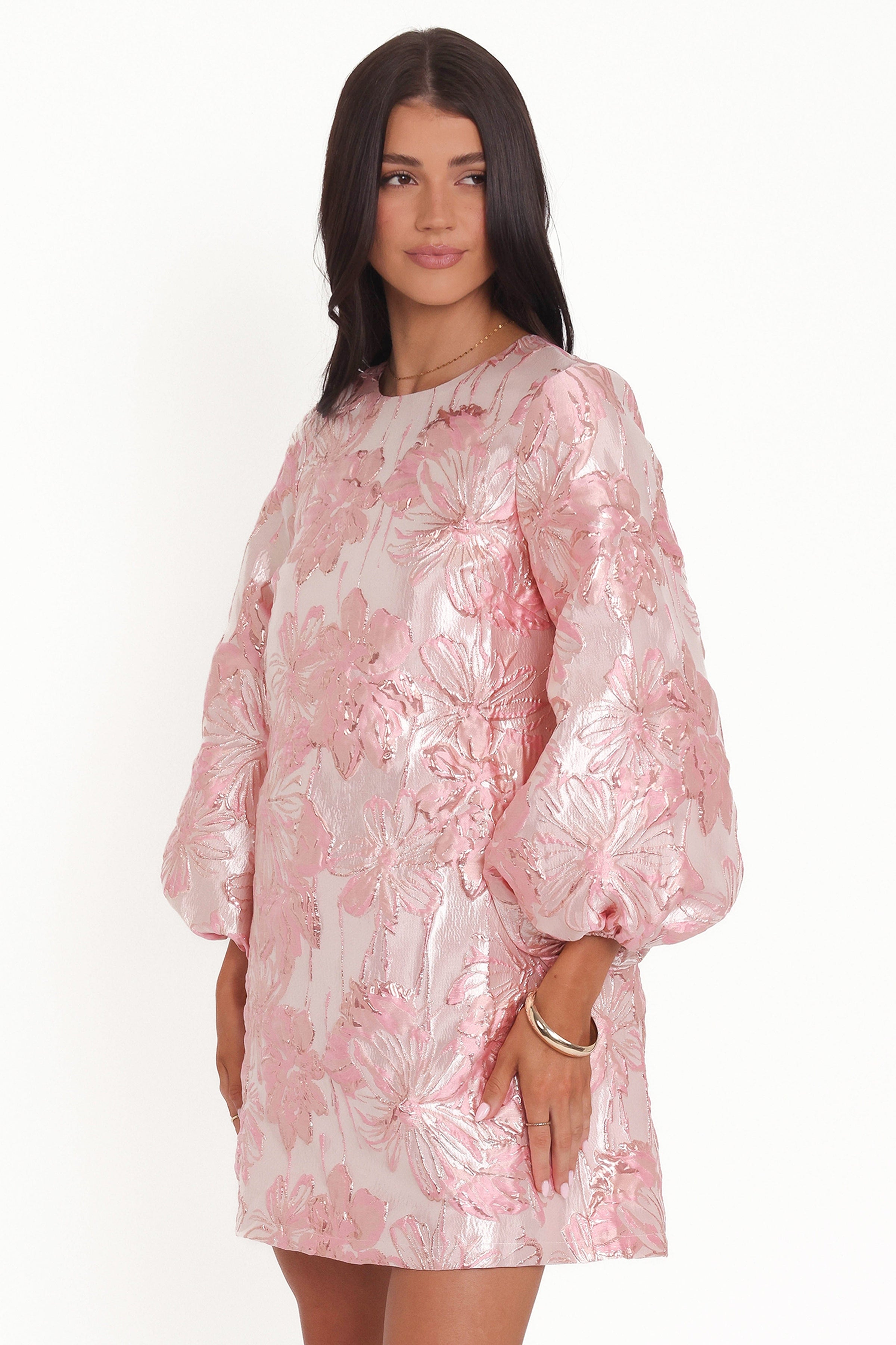 Petal and Pup USA DRESSES Treloar Long Sleeve Mini Dress - Pink Brocade