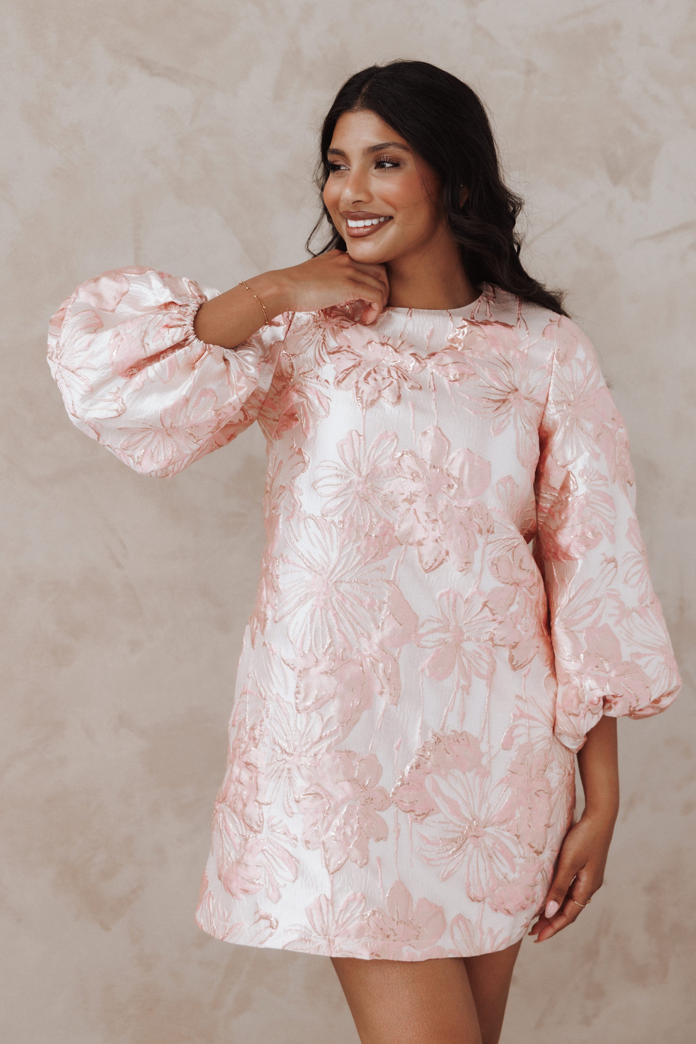 Petal and Pup USA DRESSES Treloar Long Sleeve Mini Dress - Pink Brocade
