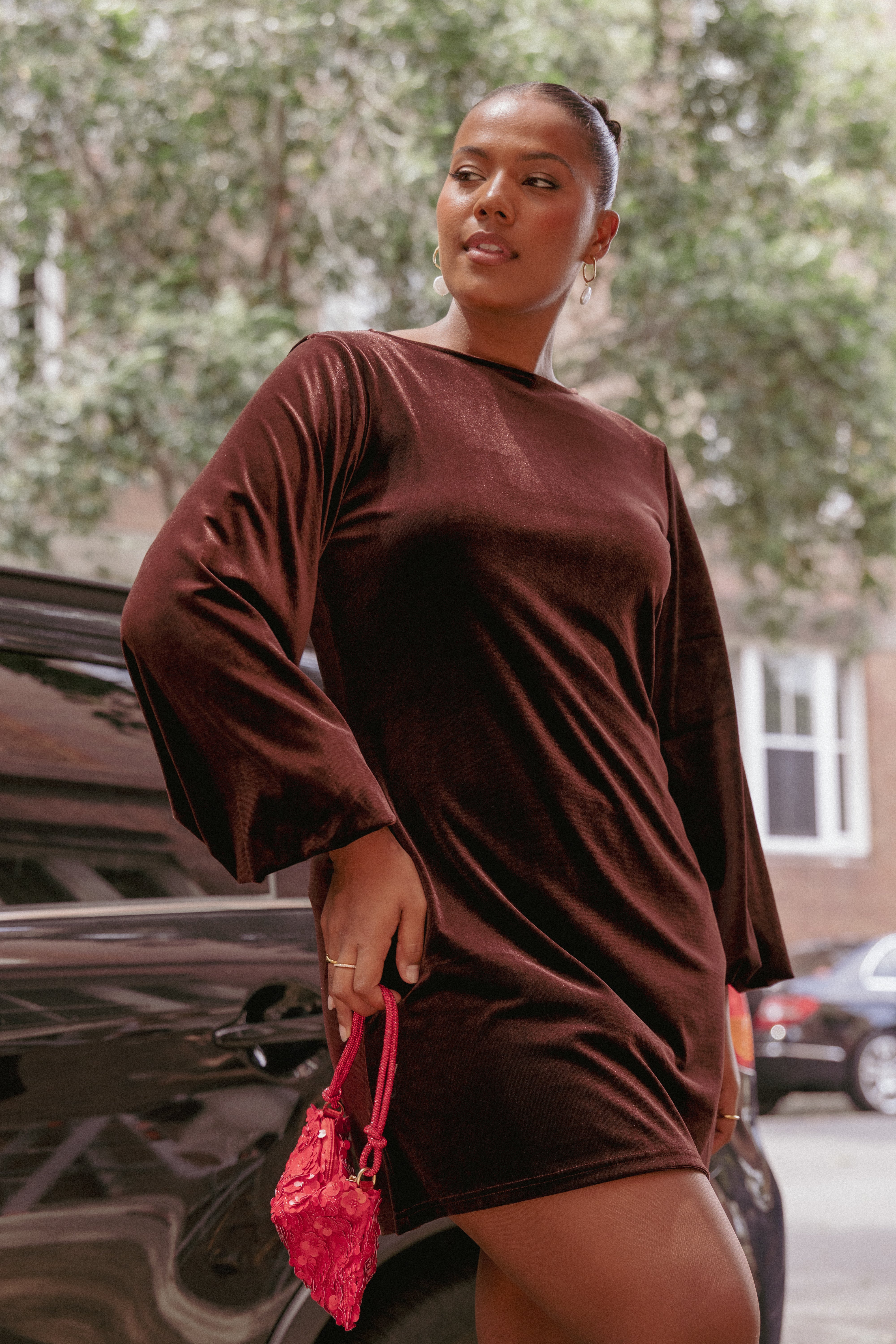 Petal and Pup USA DRESSES Twylar Long Sleeve Velvet Mini Dress - Brown