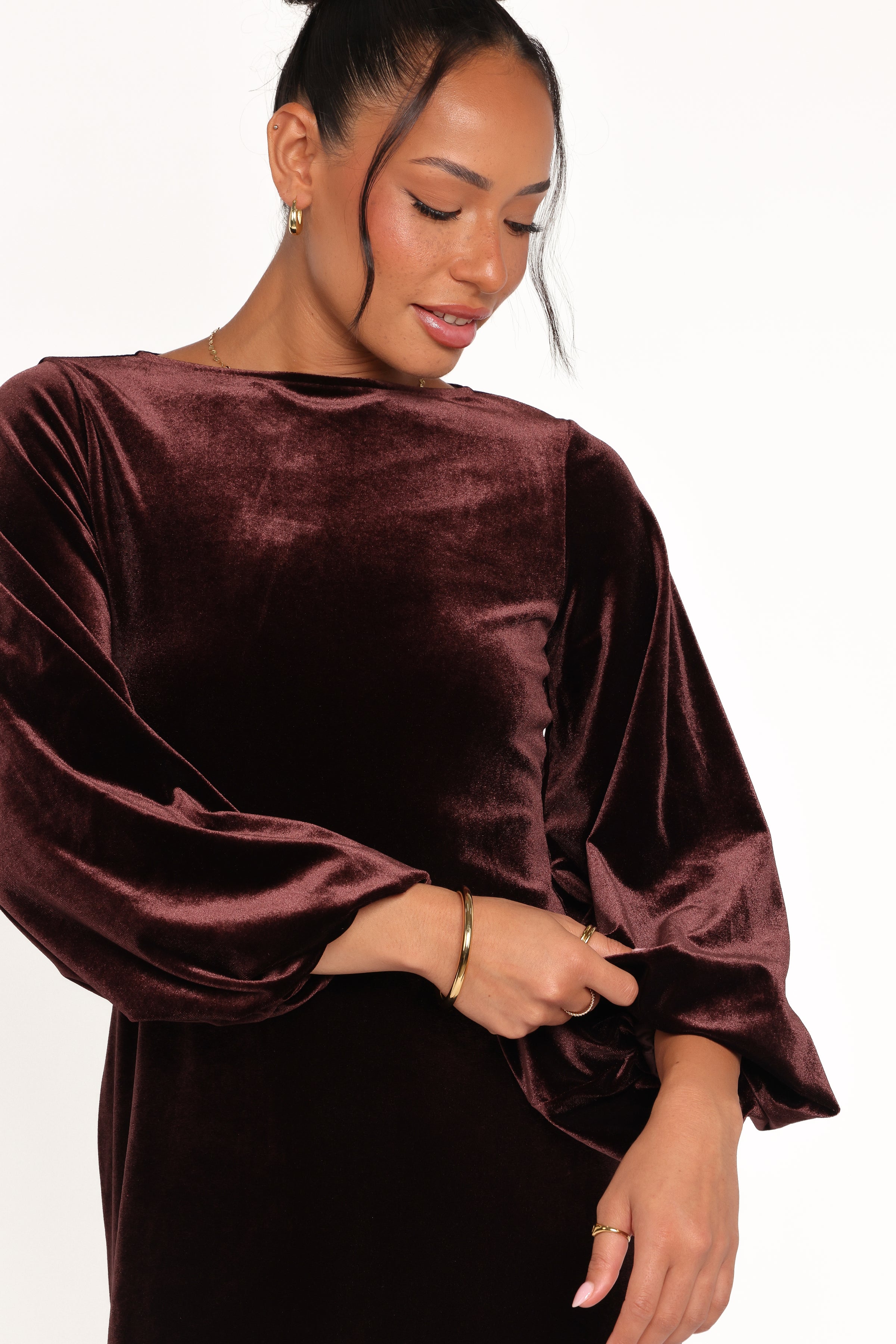 Petal and Pup USA DRESSES Twylar Long Sleeve Velvet Mini Dress - Brown