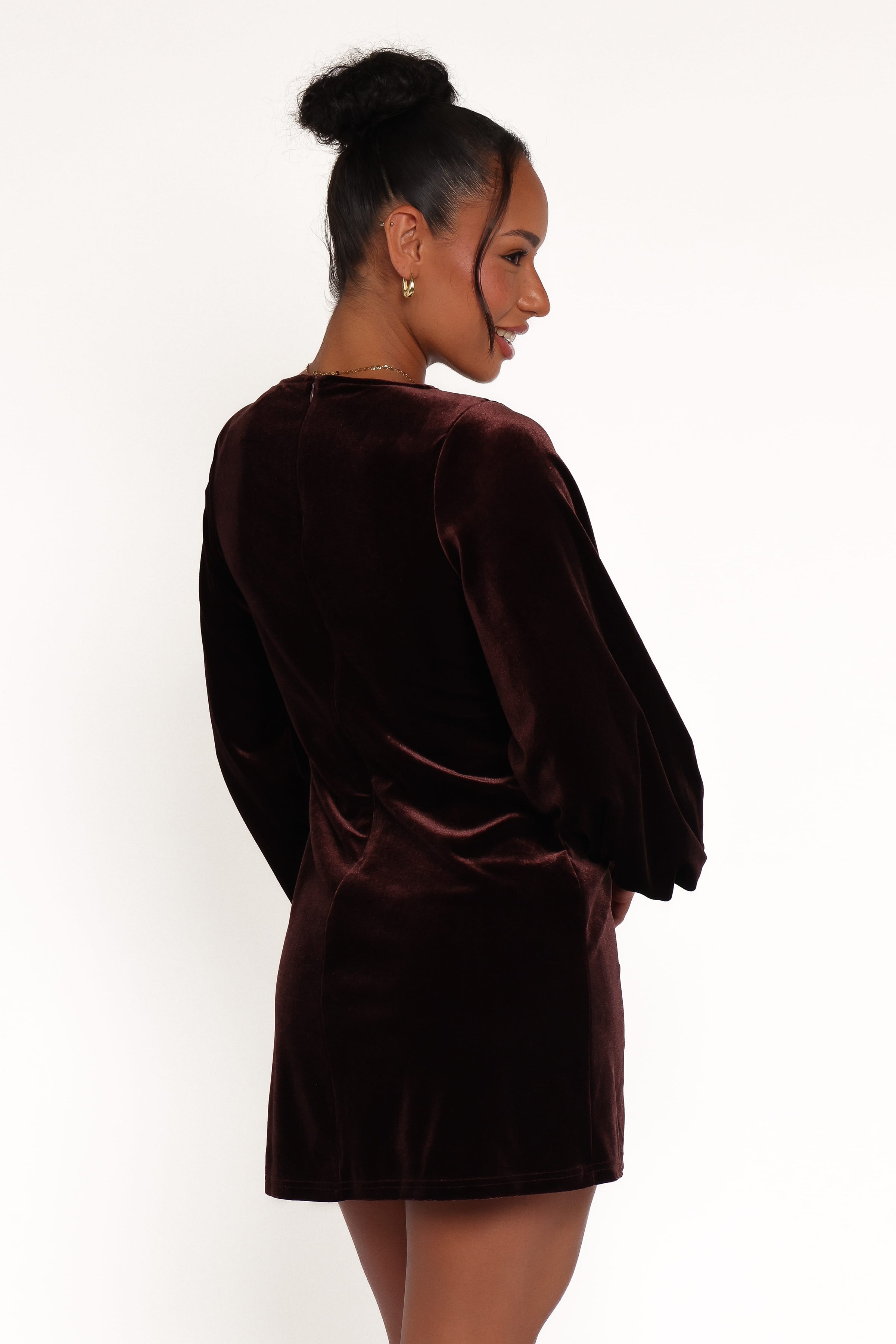 Petal and Pup USA DRESSES Twylar Long Sleeve Velvet Mini Dress - Brown