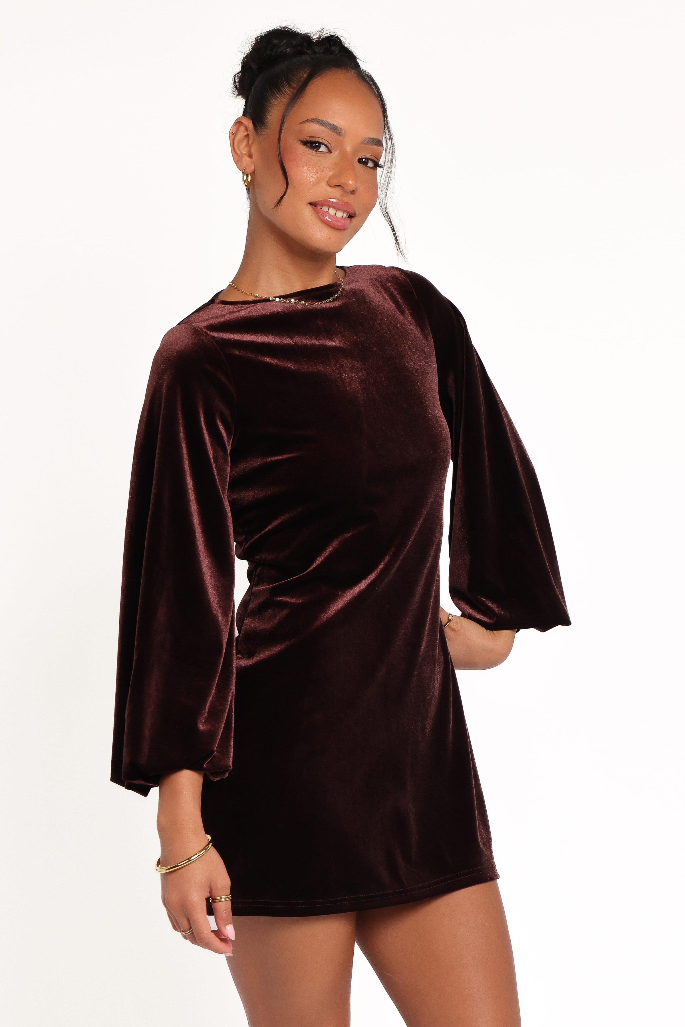 Petal and Pup USA DRESSES Twylar Long Sleeve Velvet Mini Dress - Brown