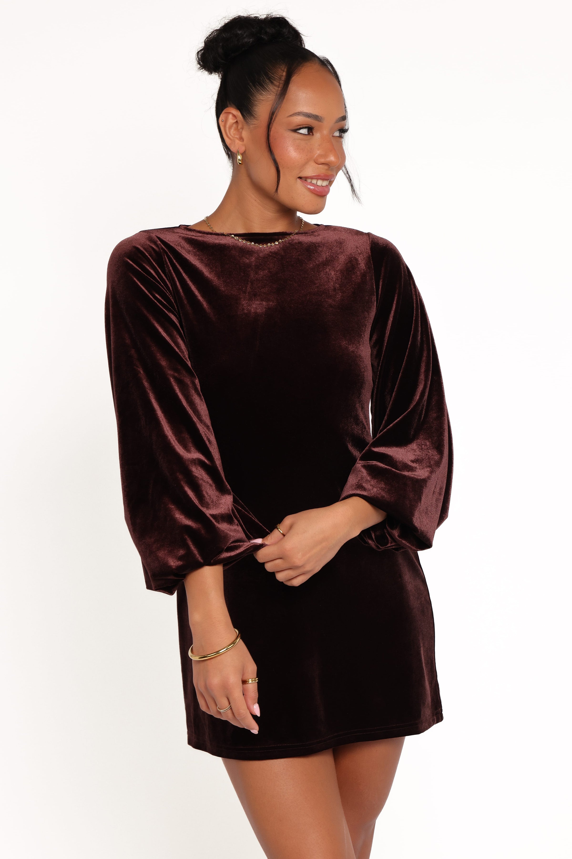 Petal and Pup USA DRESSES Twylar Long Sleeve Velvet Mini Dress - Brown