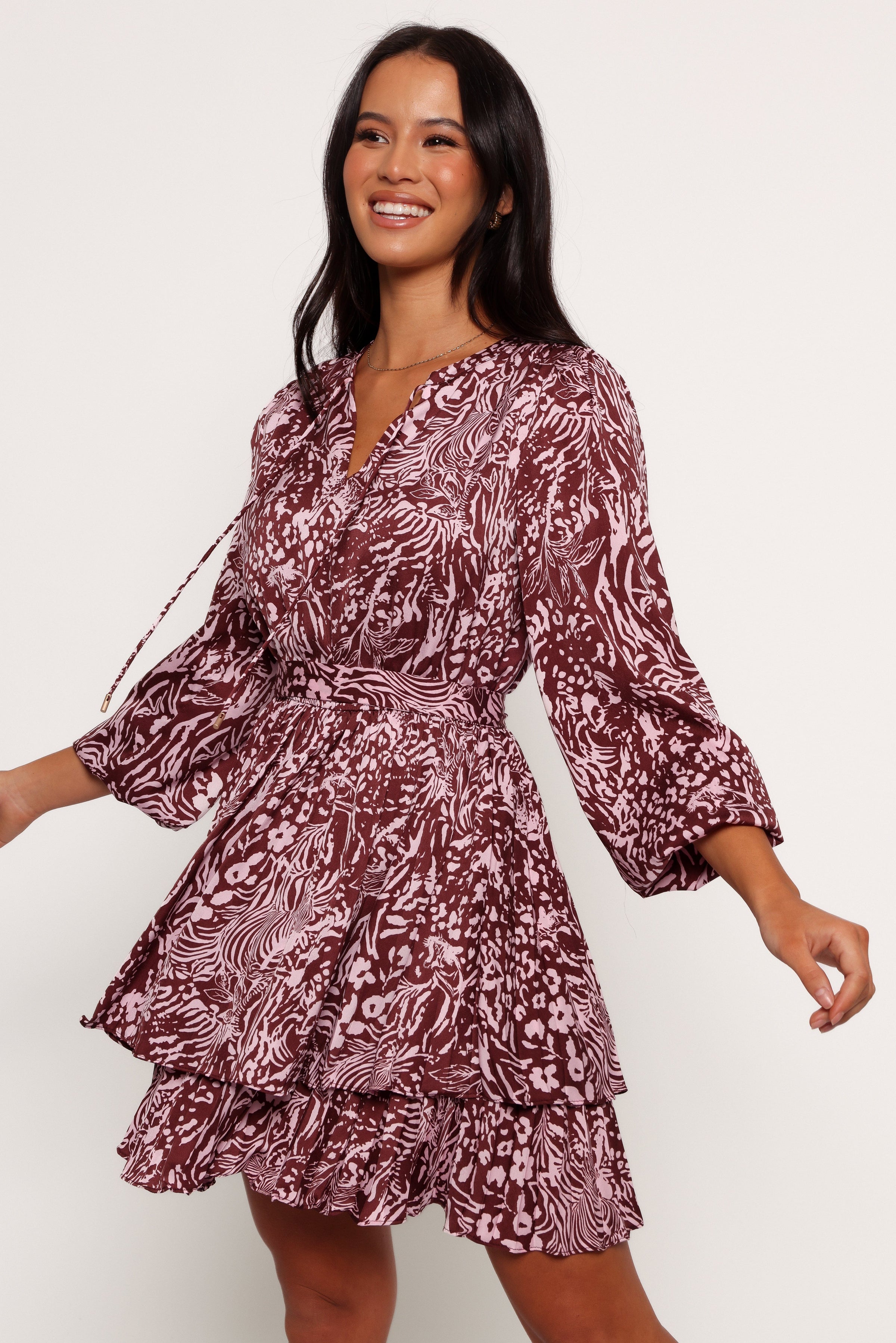 Petal and Pup USA DRESSES Wrenley Long Sleeve Mini Dress - Chocolate/Pink
