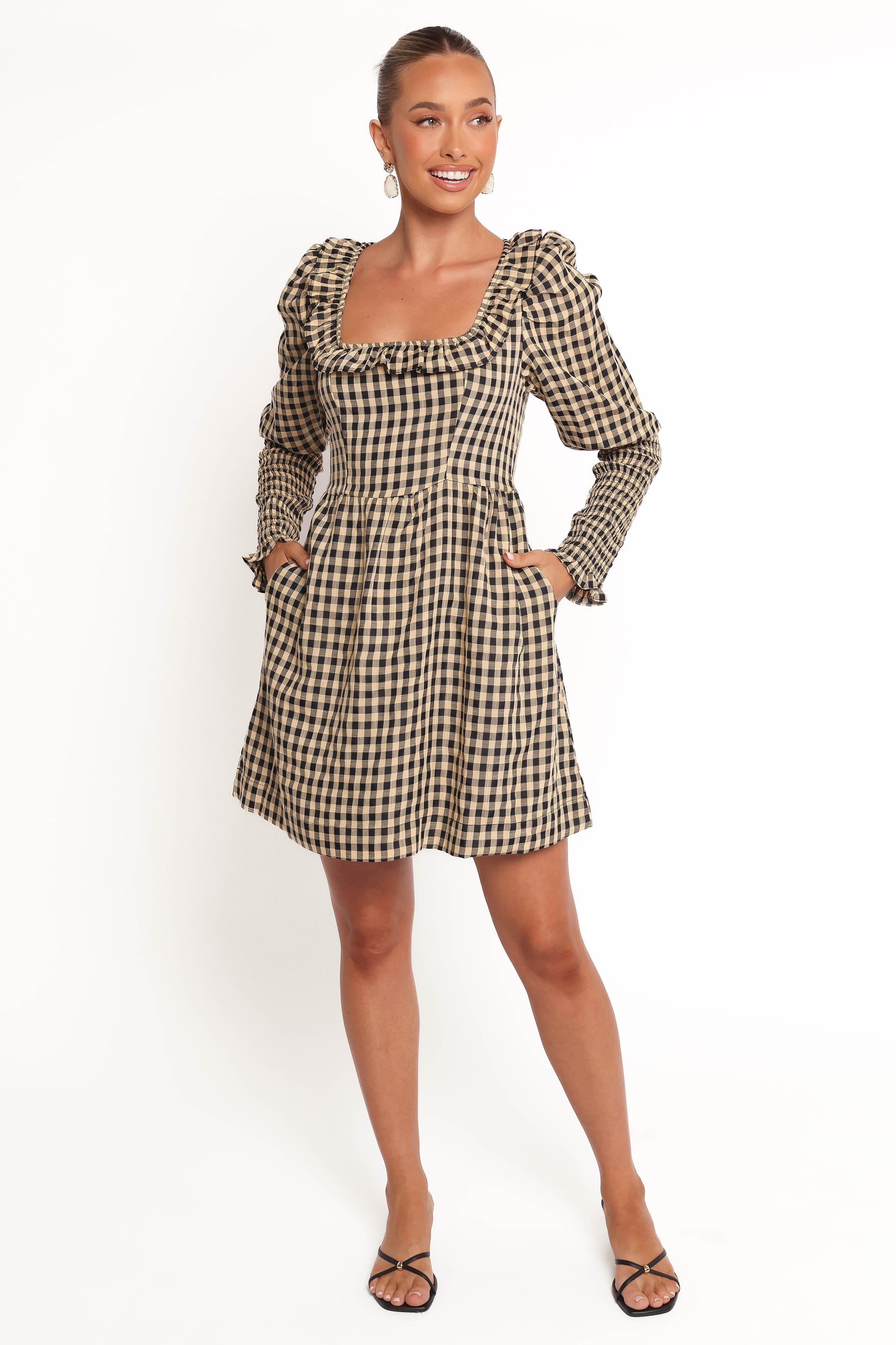 Petal and Pup USA DRESSES Xenia Mini Dress - Black/Beige Gingham (Hold for Rack)