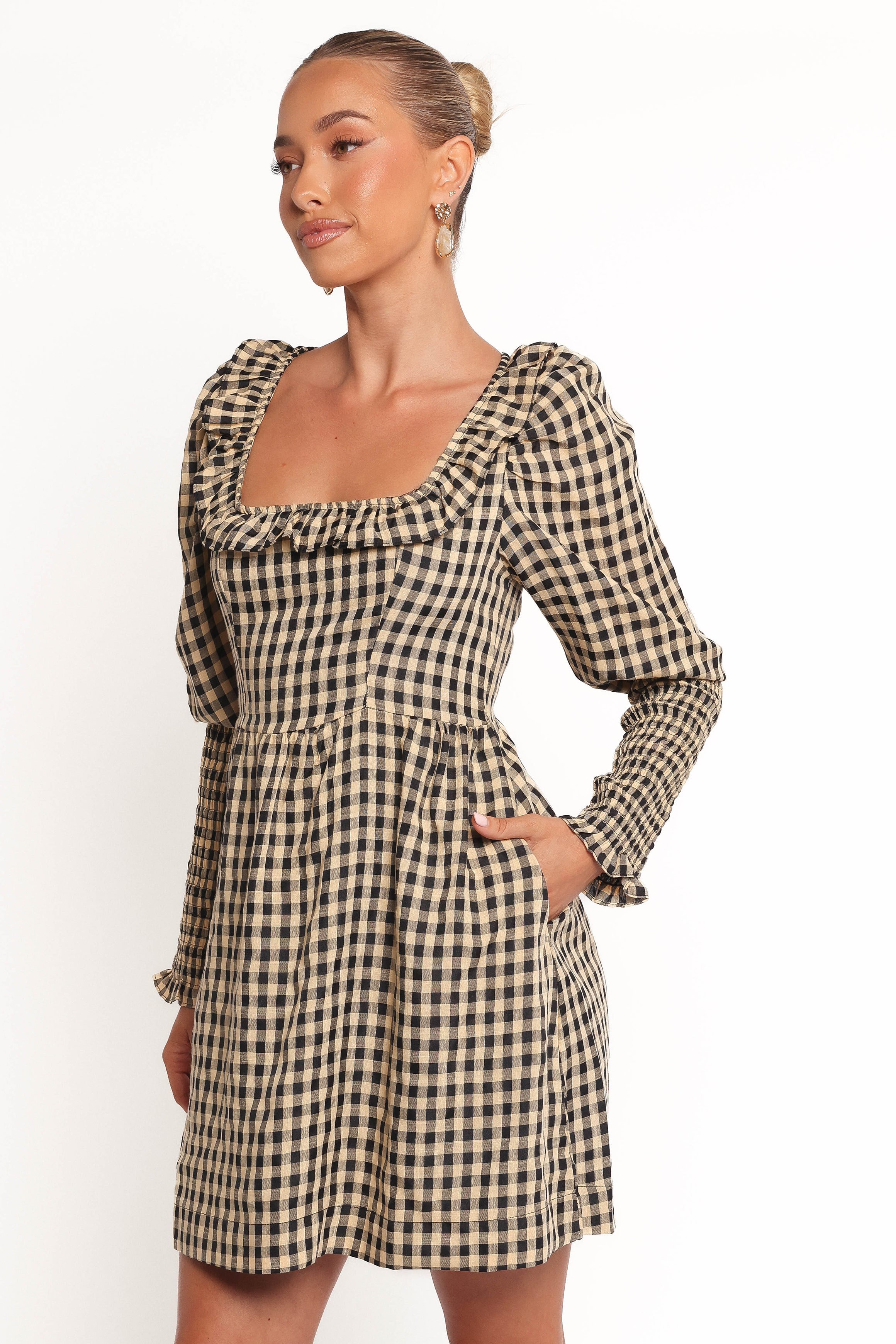Petal and Pup USA DRESSES Xenia Mini Dress - Black/Beige Gingham (Hold for Rack)
