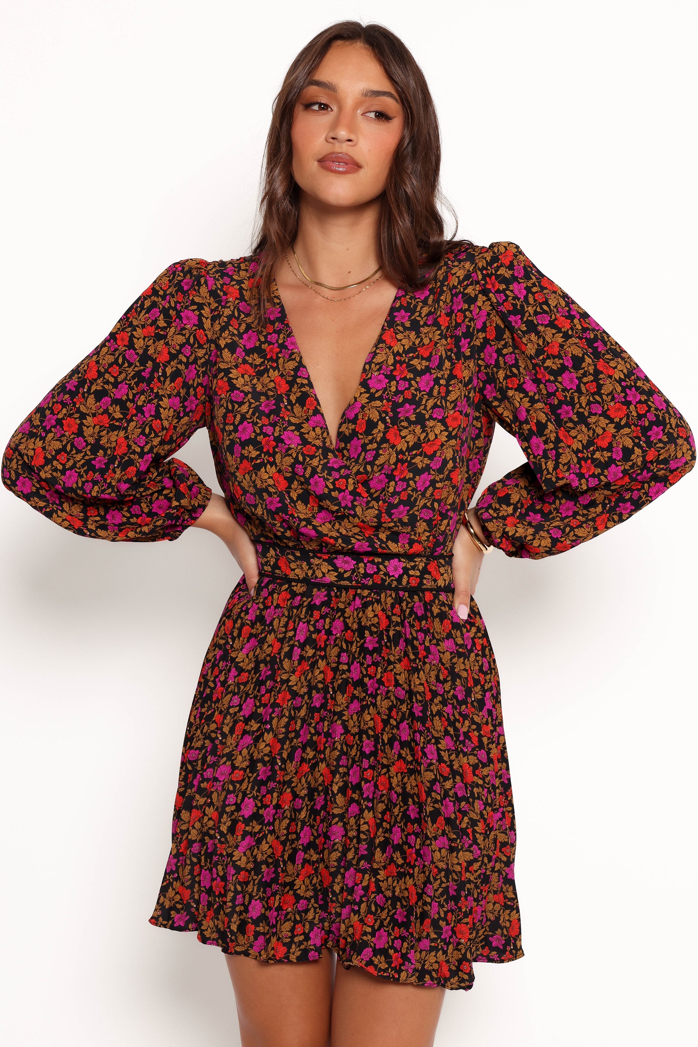 Petal and Pup USA DRESSES Zephyr Long Sleeve Mini Dress - Black Magenta