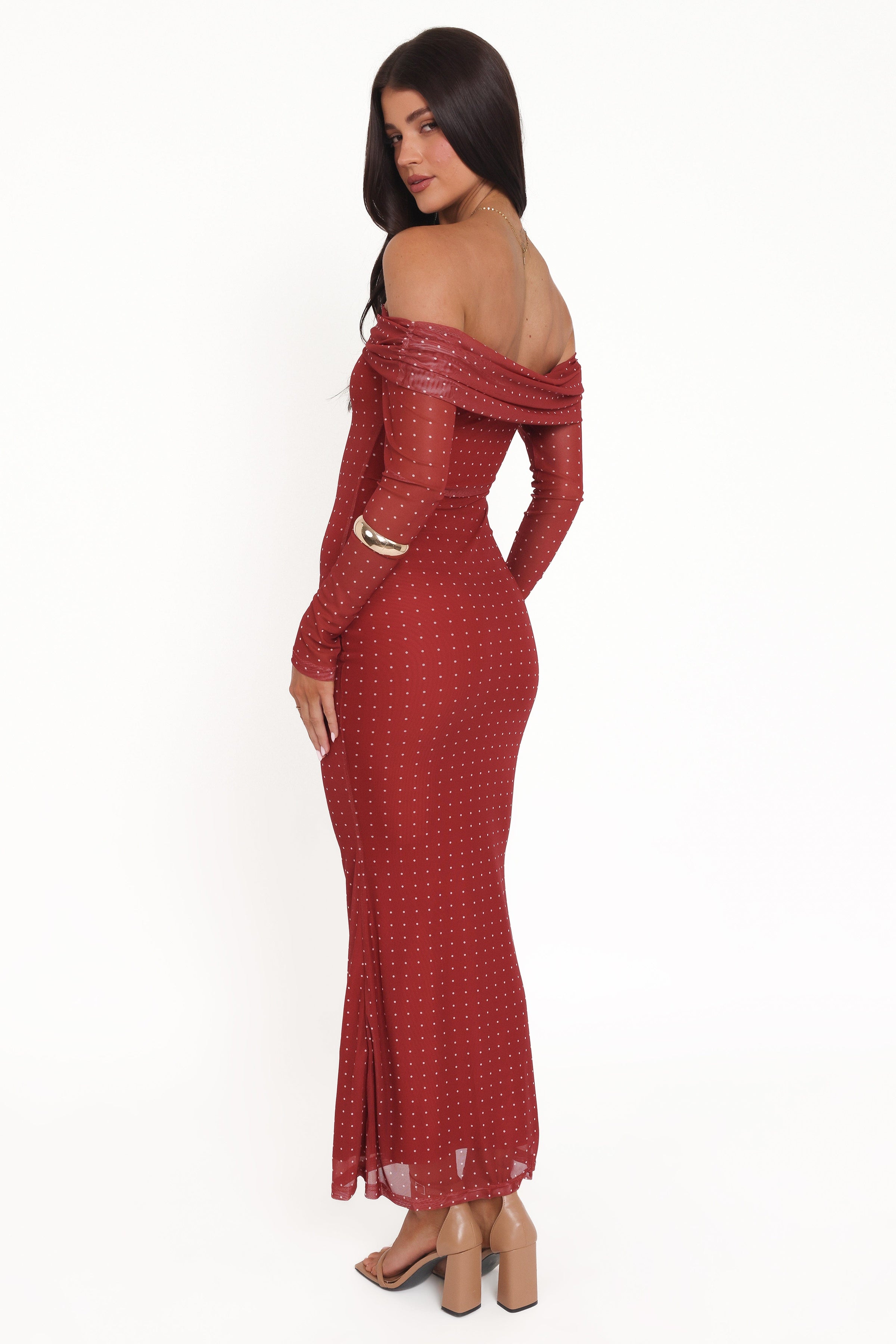 Petal and Pup USA DRESSES Zeva Off Shoulder Maxi Dress - Burgundy Spot