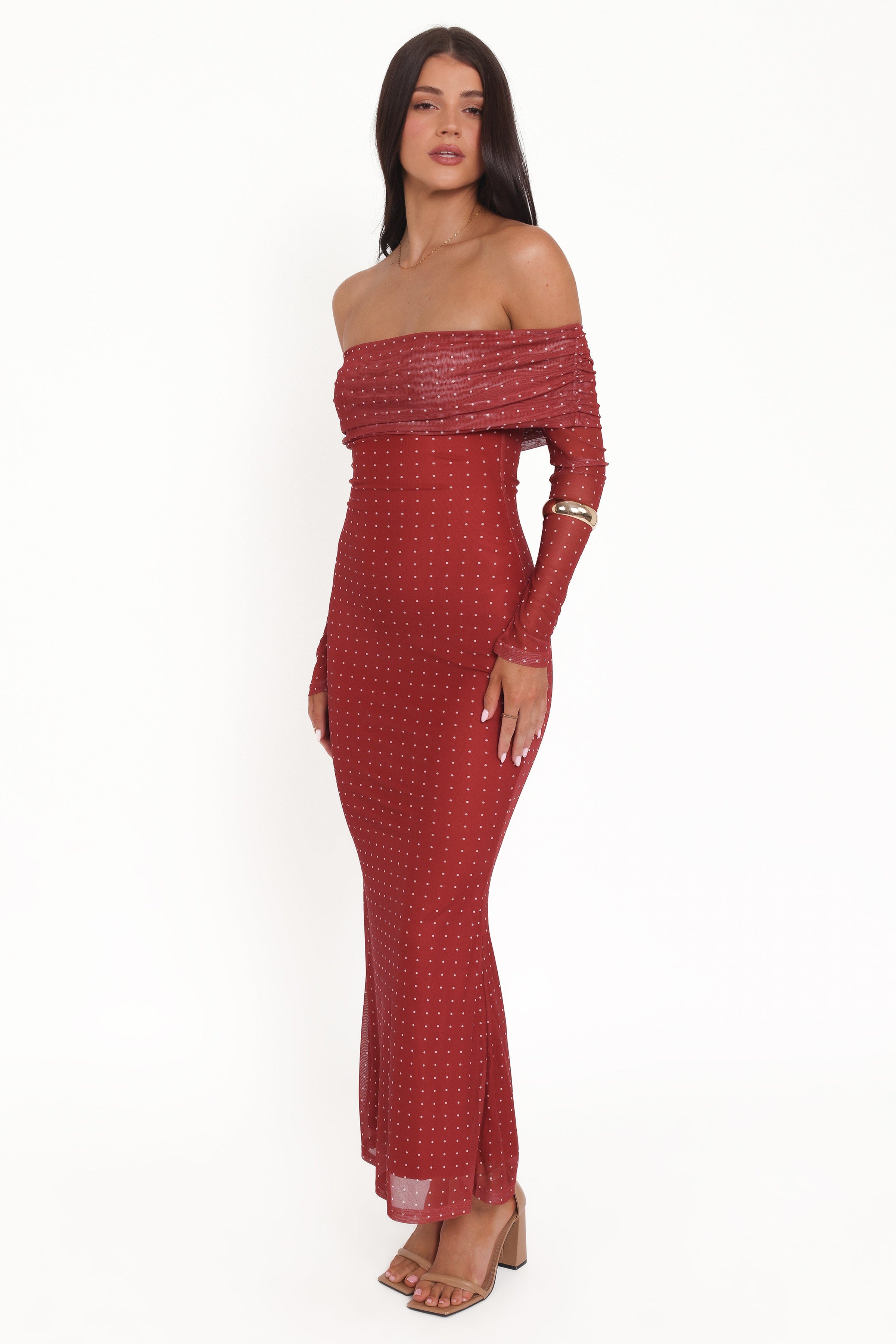 Petal and Pup USA DRESSES Zeva Off Shoulder Maxi Dress - Burgundy Spot