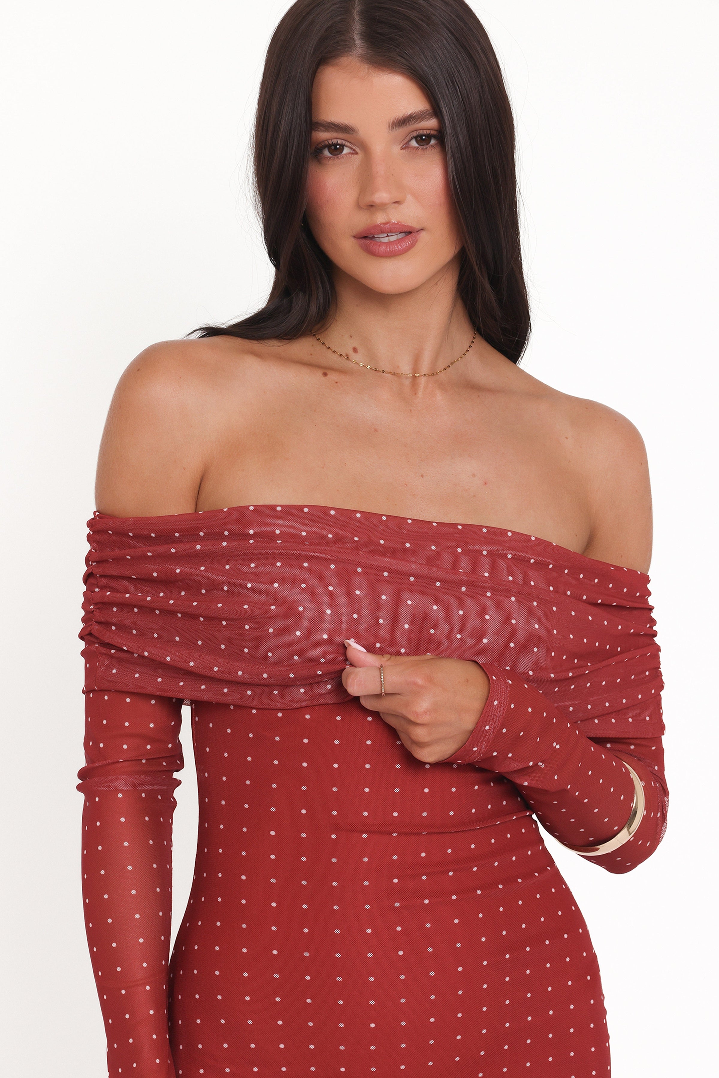 Petal and Pup USA DRESSES Zeva Off Shoulder Maxi Dress - Burgundy Spot