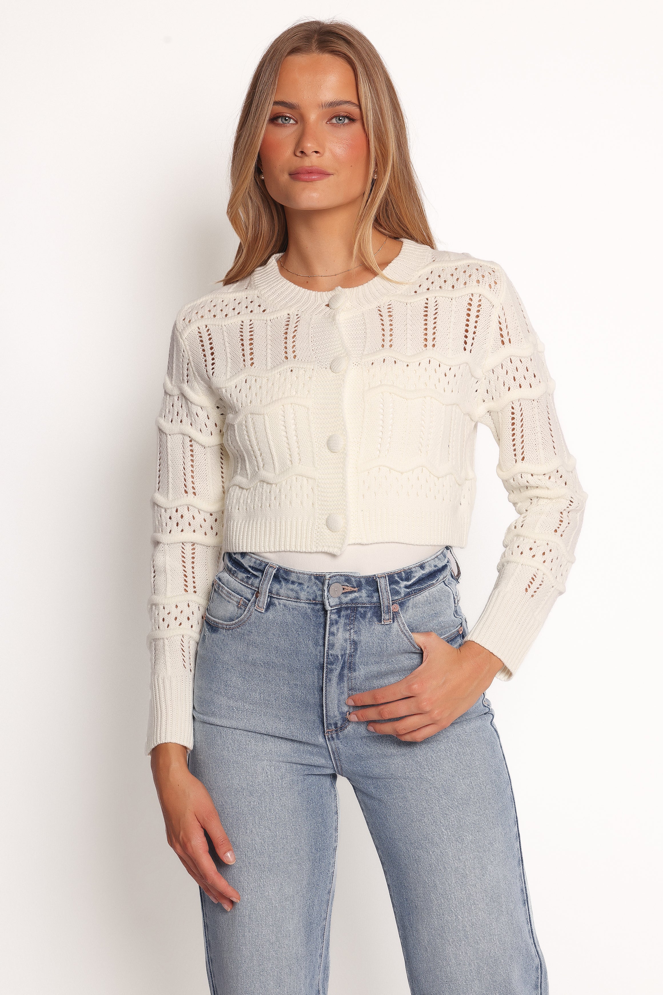 Petal and Pup USA KNITWEAR Aidy Crop Button Front Cardigan - White