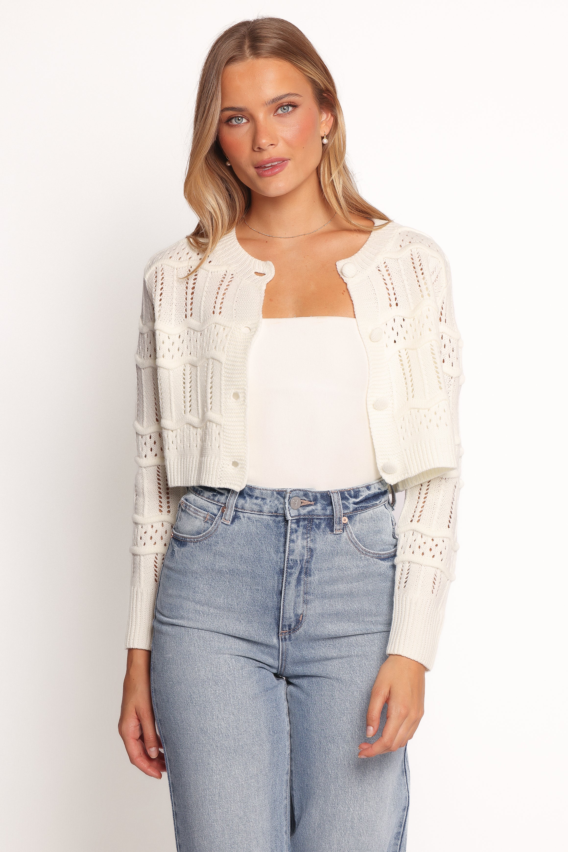 Petal and Pup USA KNITWEAR Aidy Crop Button Front Cardigan - White