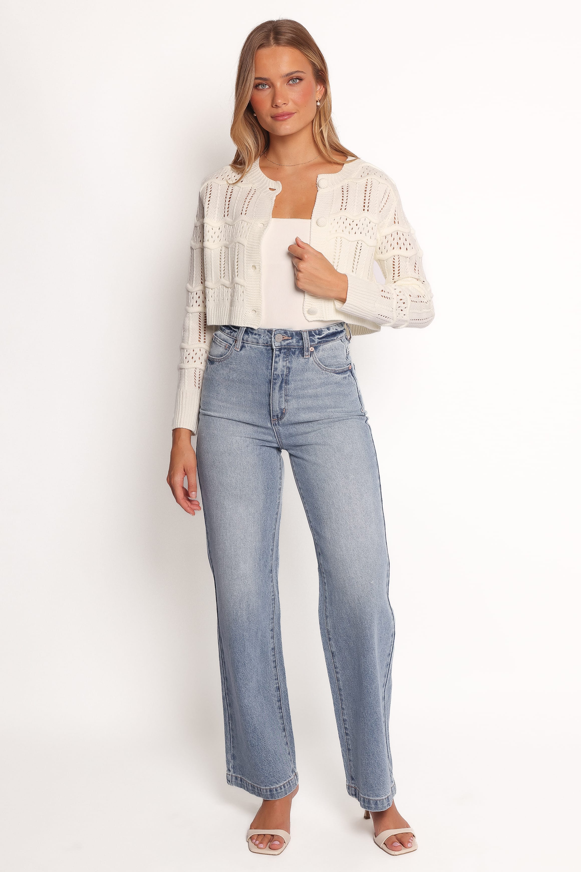Petal and Pup USA KNITWEAR Aidy Crop Button Front Cardigan - White