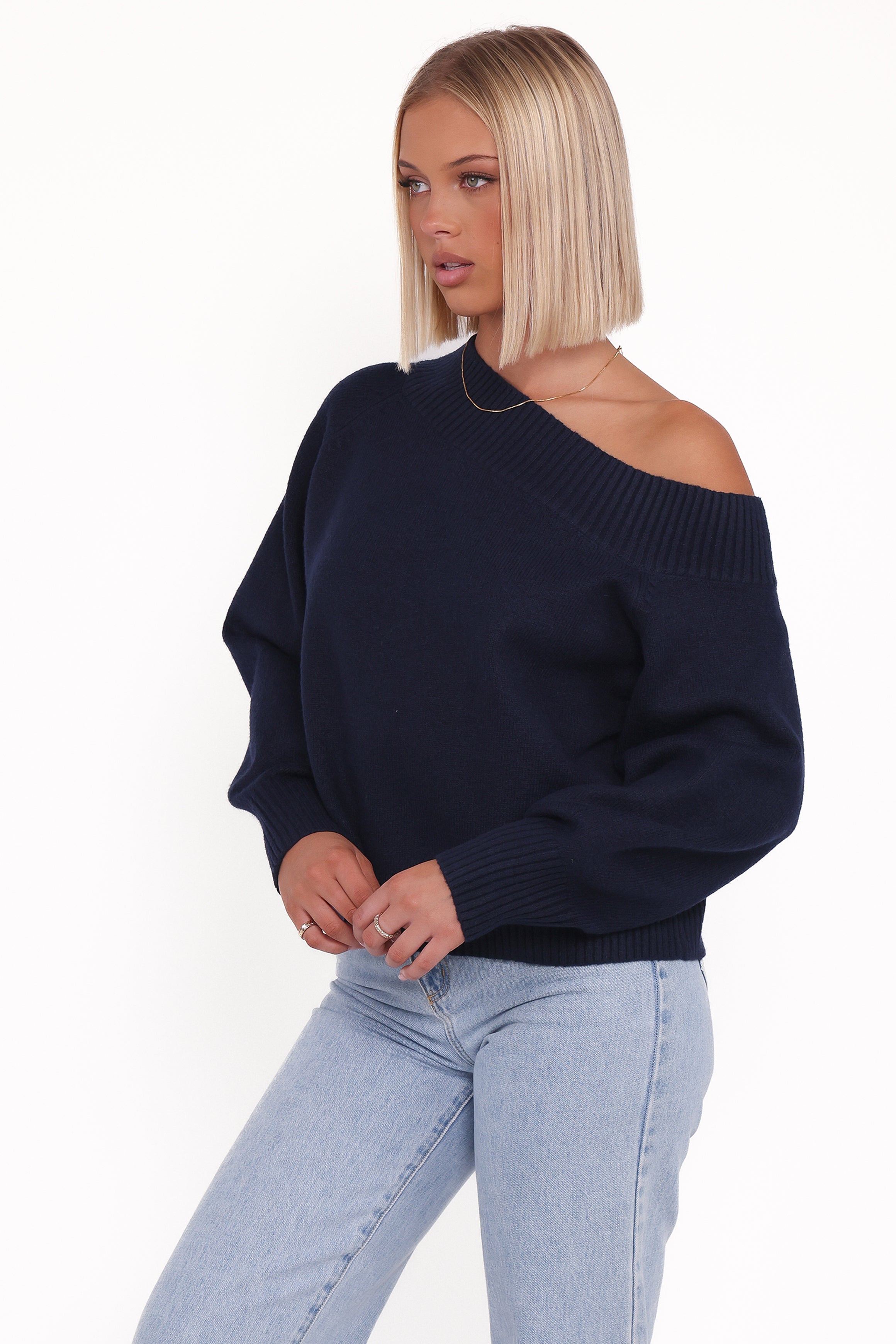 Petal and Pup USA KNITWEAR Ailis Off Shoulder Sweater - Navy