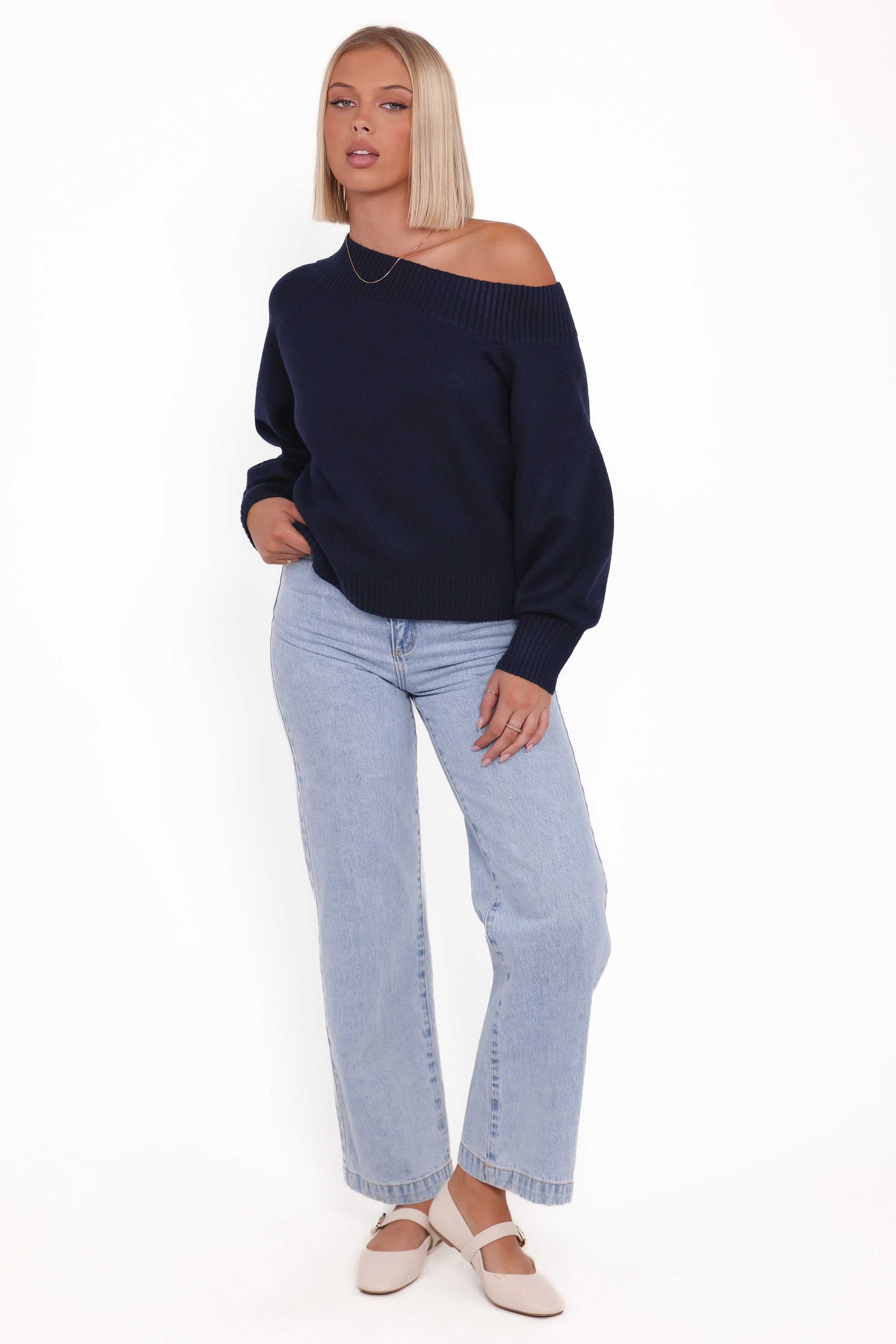 Petal and Pup USA KNITWEAR Ailis Off Shoulder Sweater - Navy