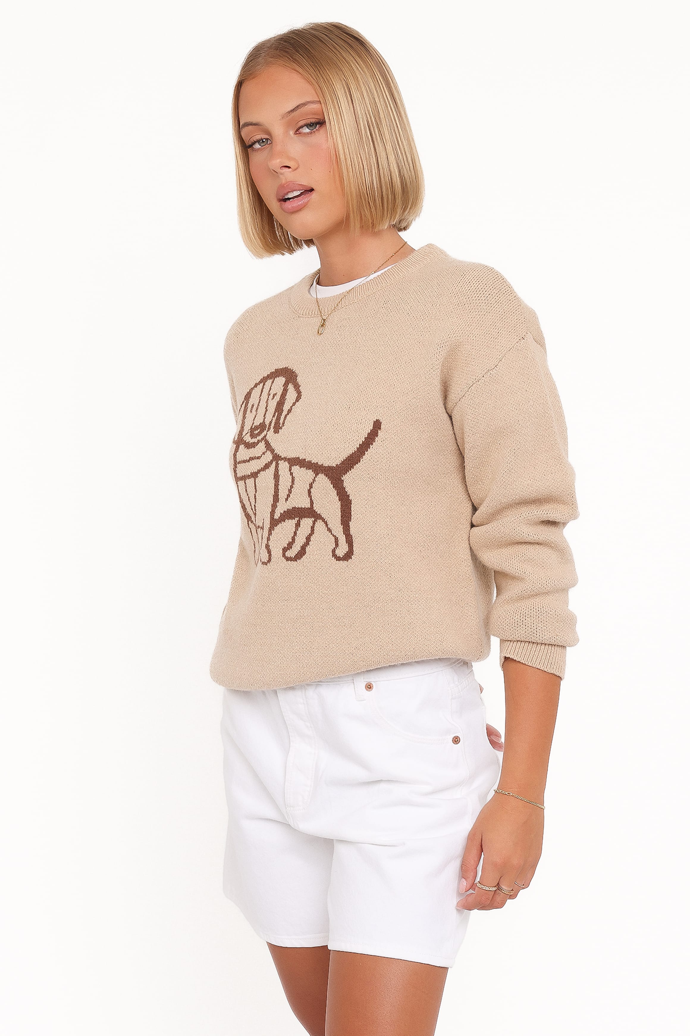 Petal and Pup USA KNITWEAR Amber Dachshund Sweater - Beige