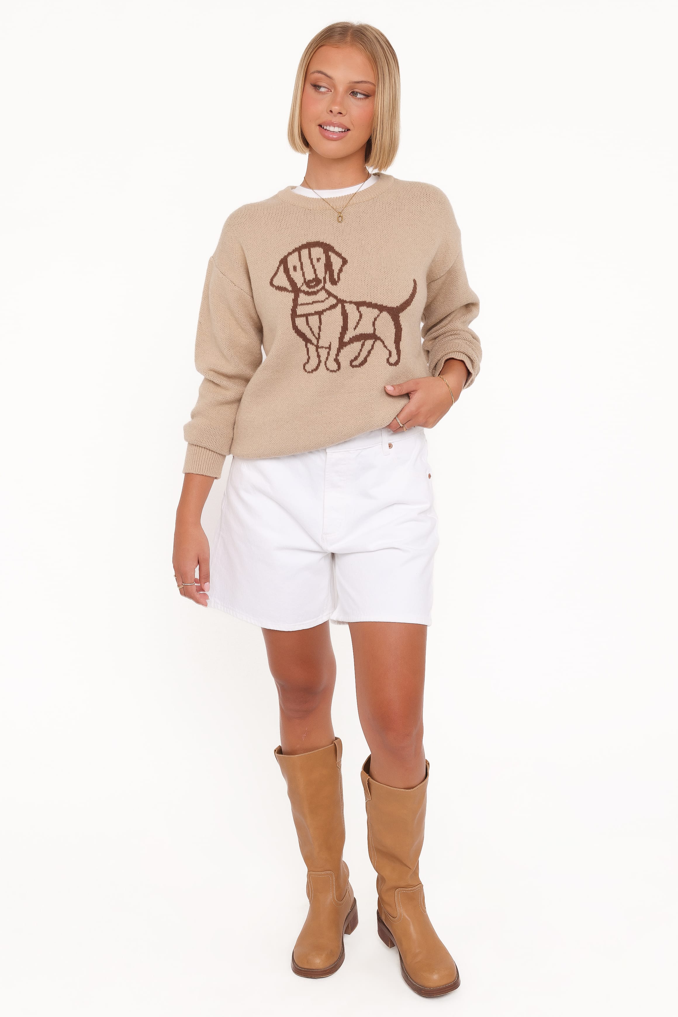 Petal and Pup USA KNITWEAR Amber Dachshund Sweater - Beige