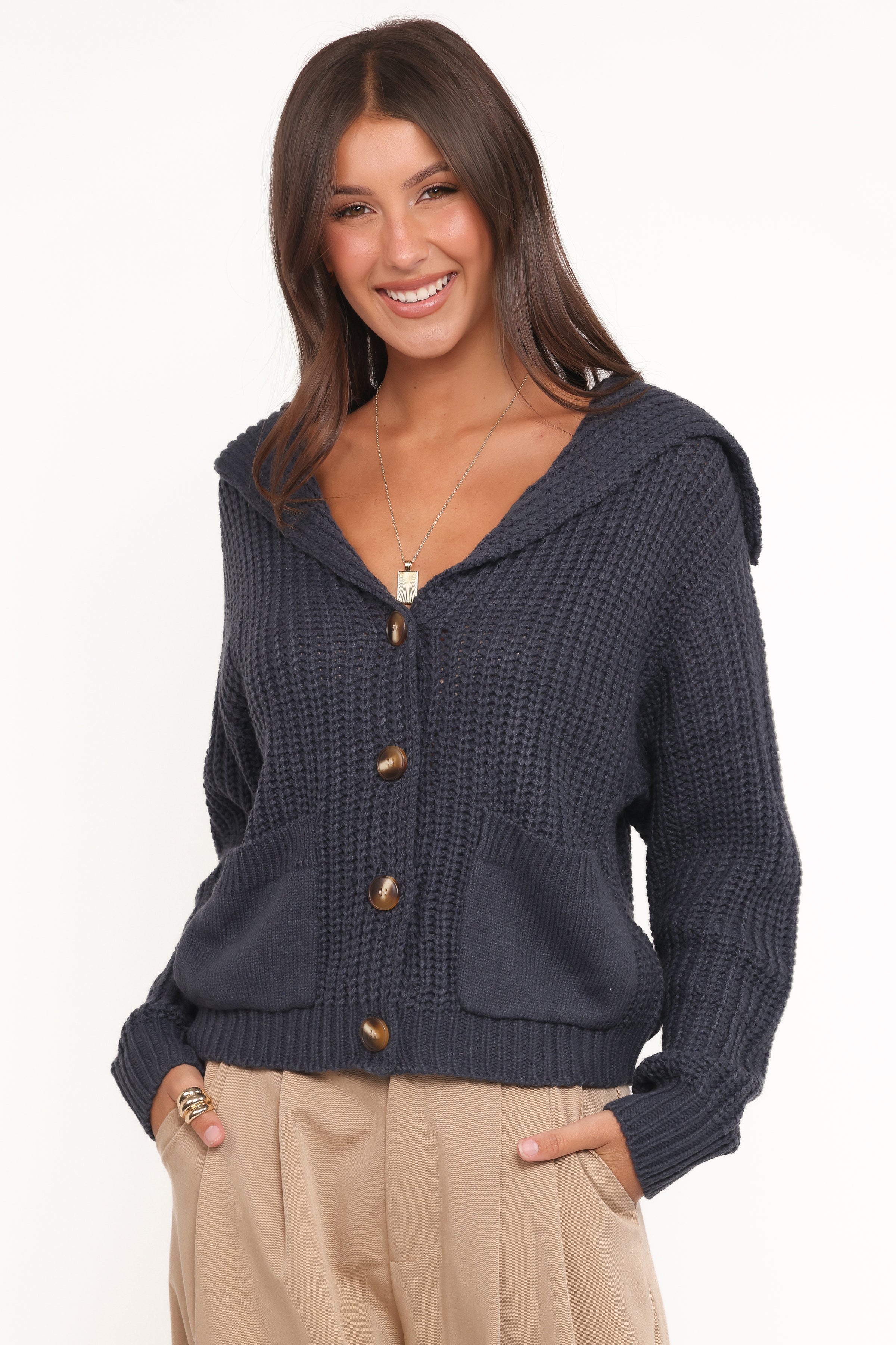 Petal and Pup USA KNITWEAR Amelia Oversize Collar Button Cardigan - Navy