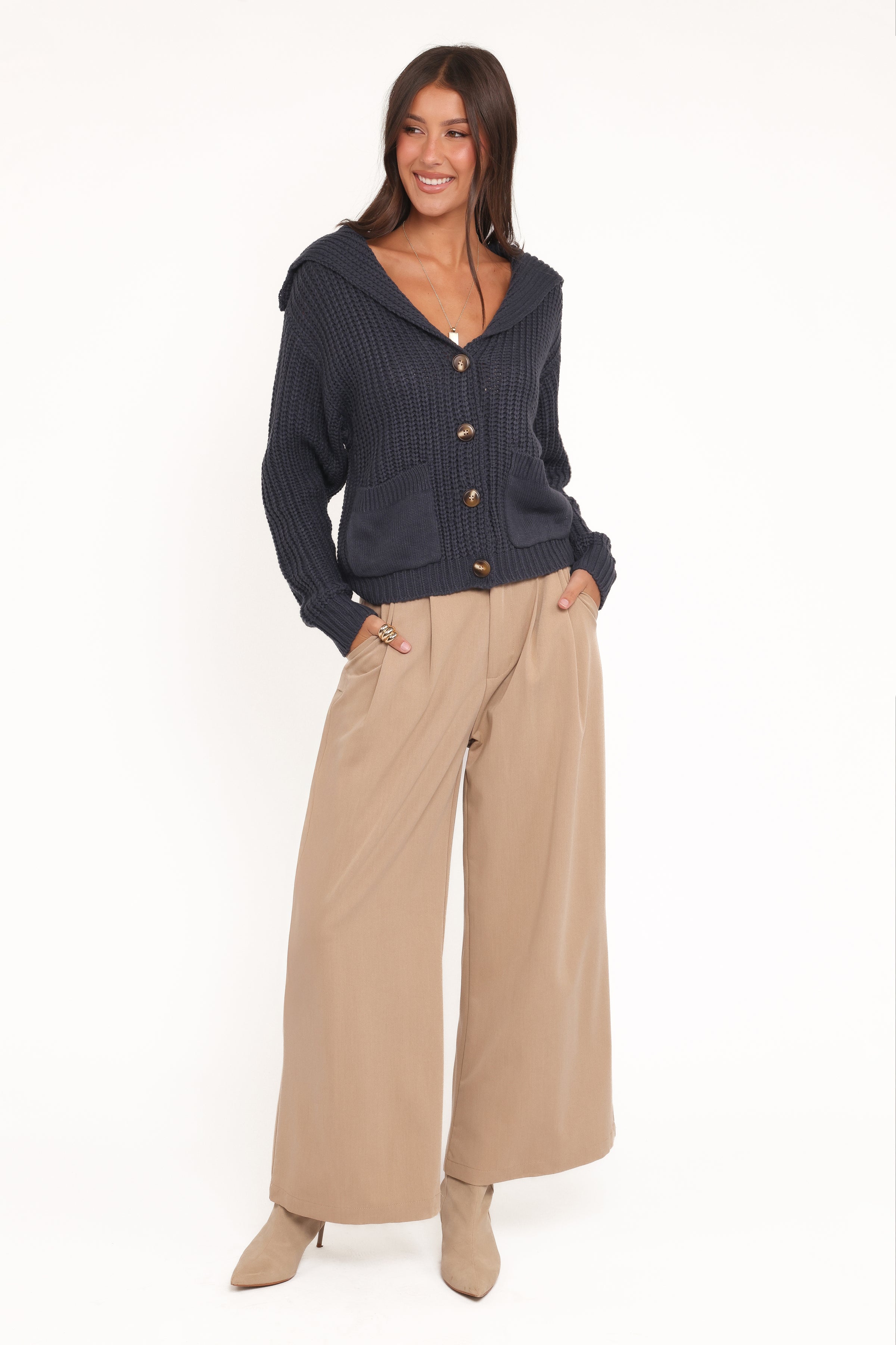 Petal and Pup USA KNITWEAR Amelia Oversize Collar Button Cardigan - Navy