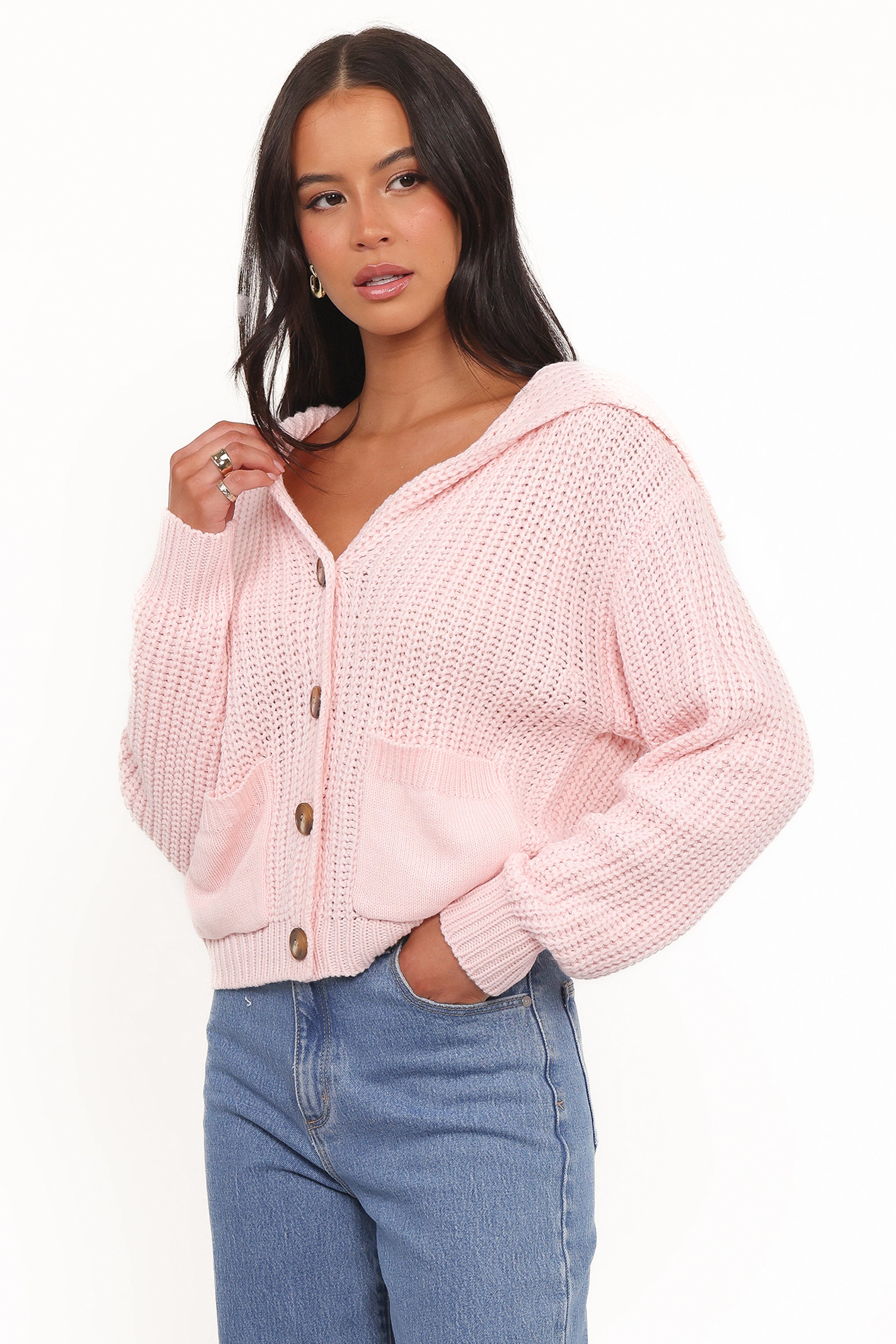 Petal and Pup USA KNITWEAR Amelia Oversize Collar Button Cardigan - Pink