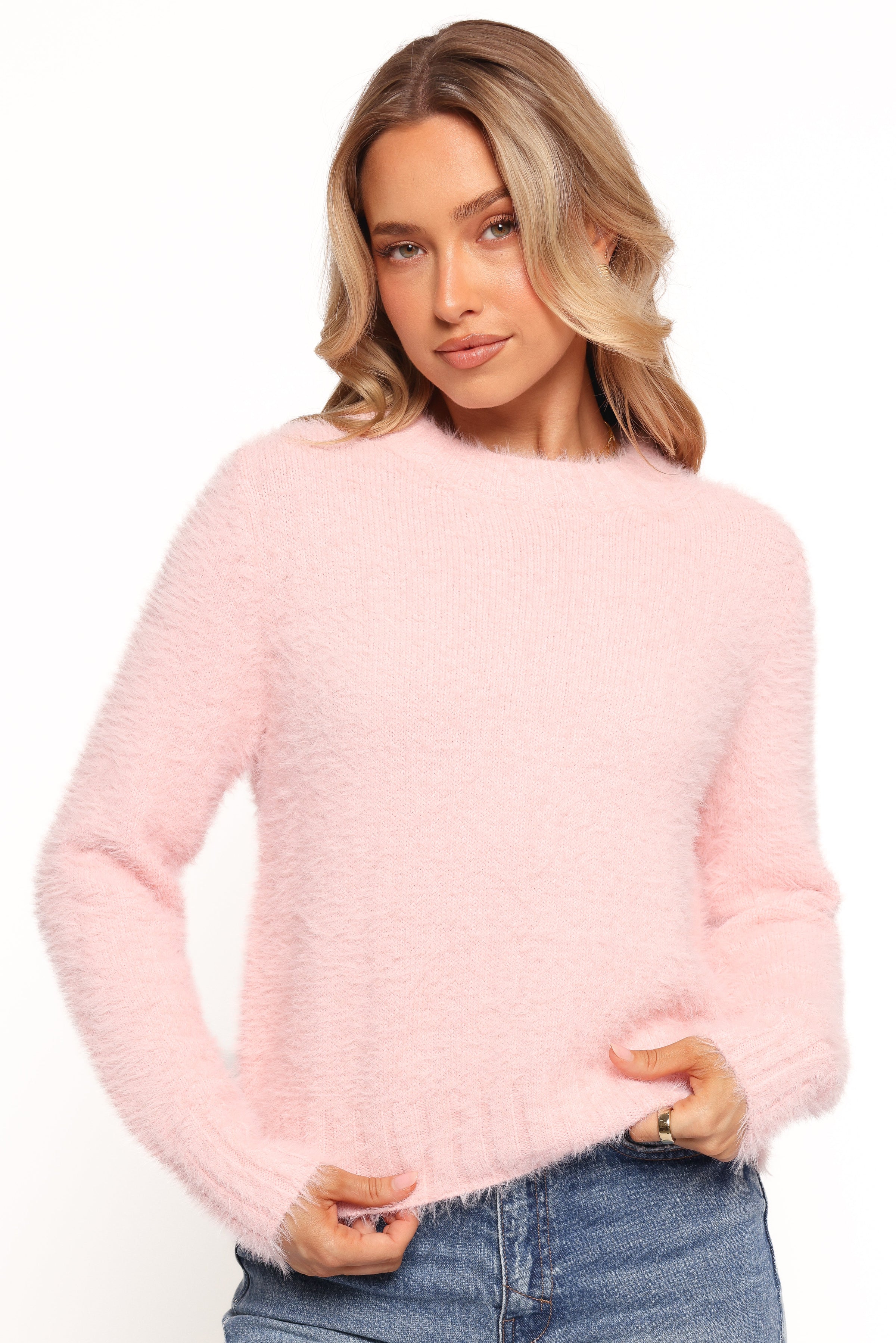 Petal and Pup USA KNITWEAR Aspra Fuzzy Crewneck Knit Sweater - Pink