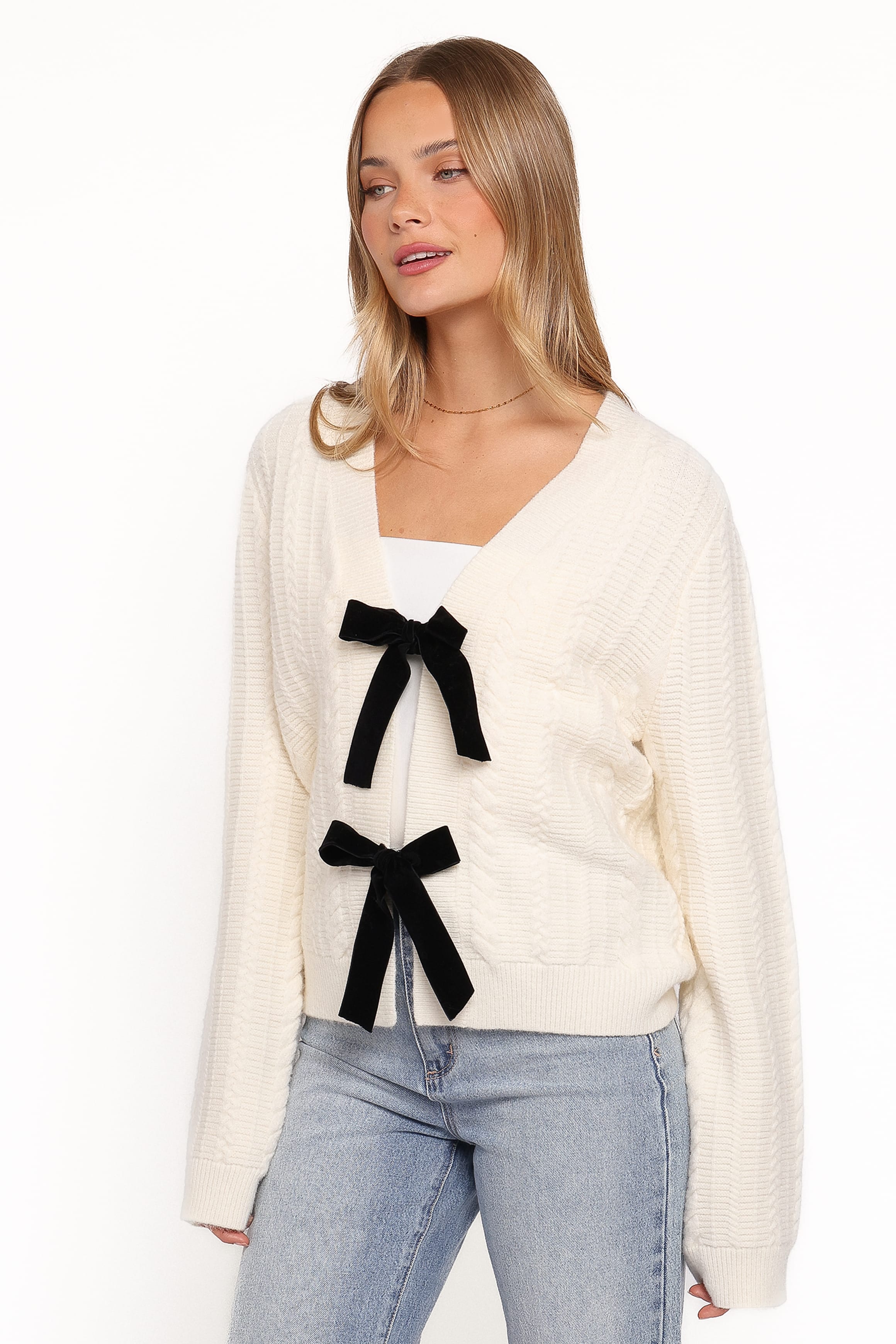 Petal and Pup USA KNITWEAR Bree Velvet Bow Cardigan - Cream