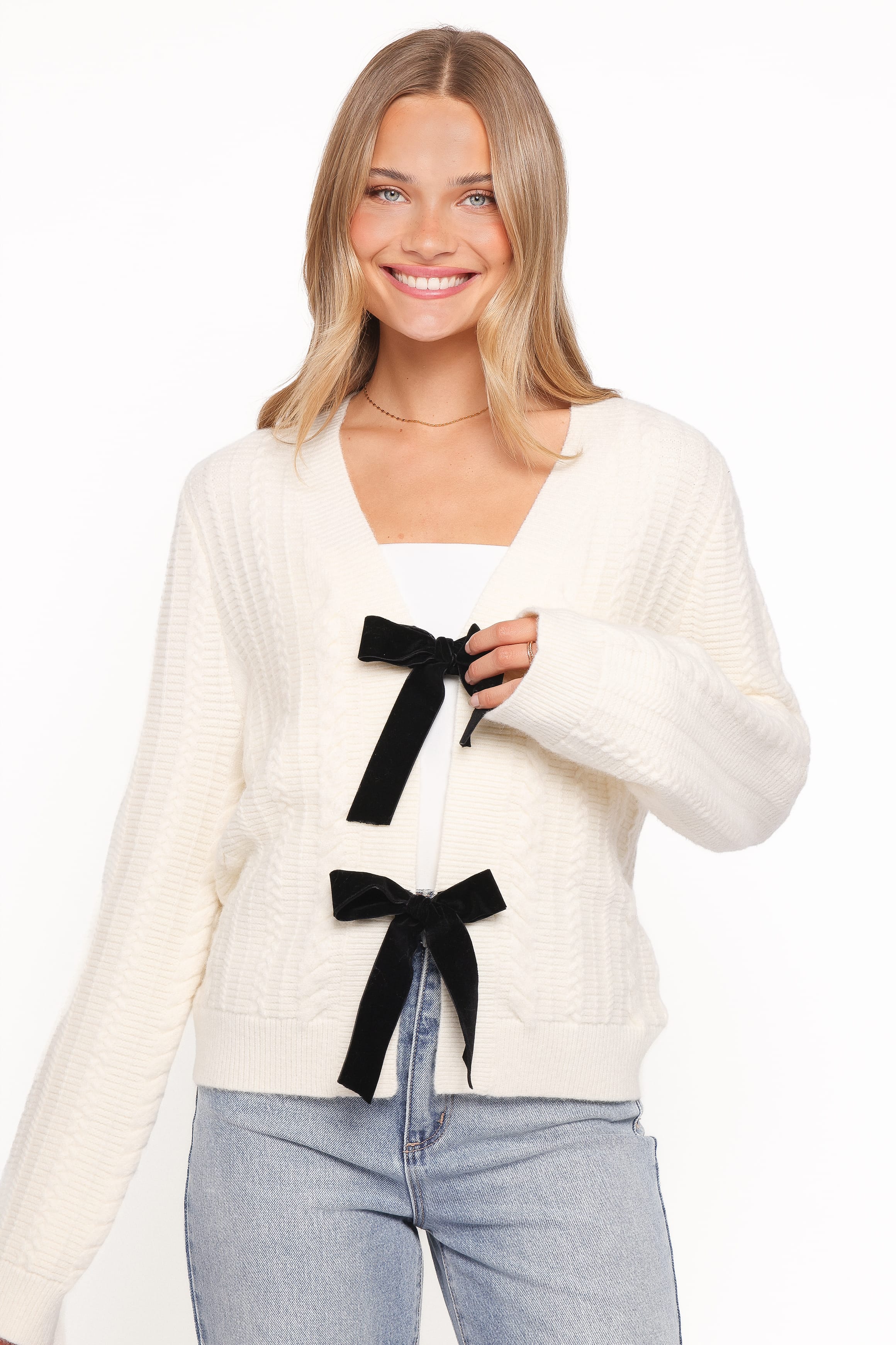 Petal and Pup USA KNITWEAR Bree Velvet Bow Cardigan - Cream