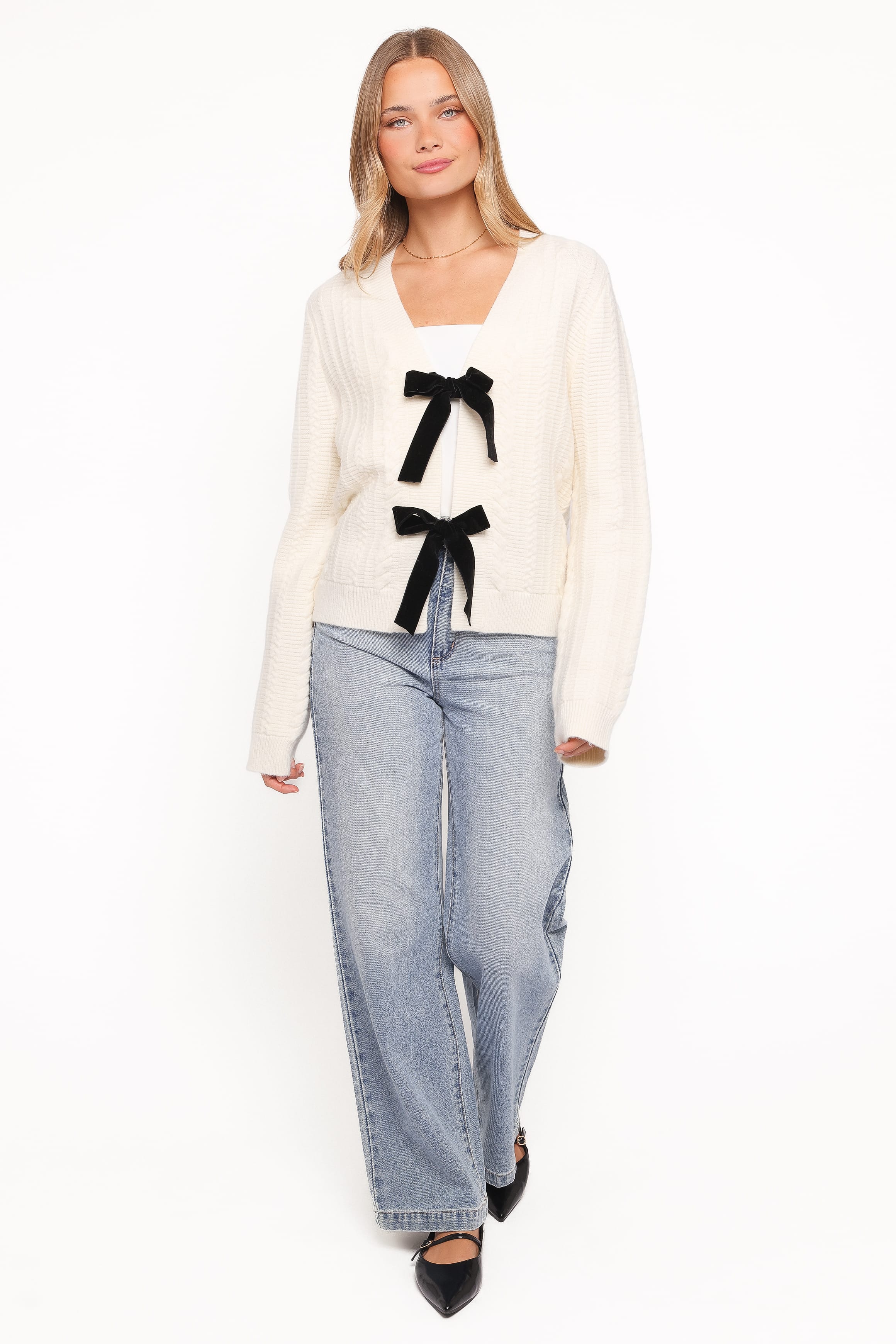 Petal and Pup USA KNITWEAR Bree Velvet Bow Cardigan - Cream