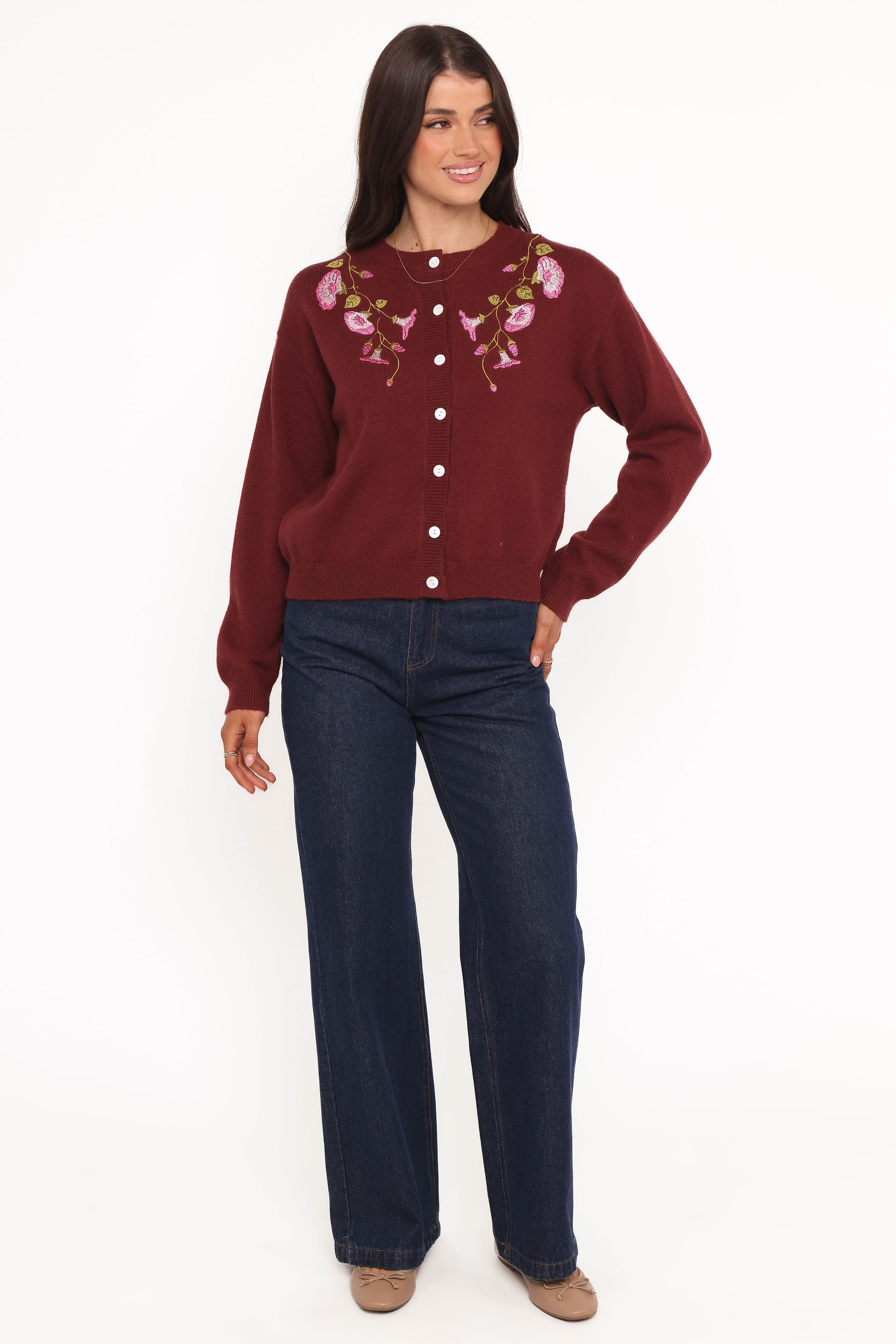 Petal and Pup USA KNITWEAR Brittany Placed Embroidery Flower Cardigan - Burgundy