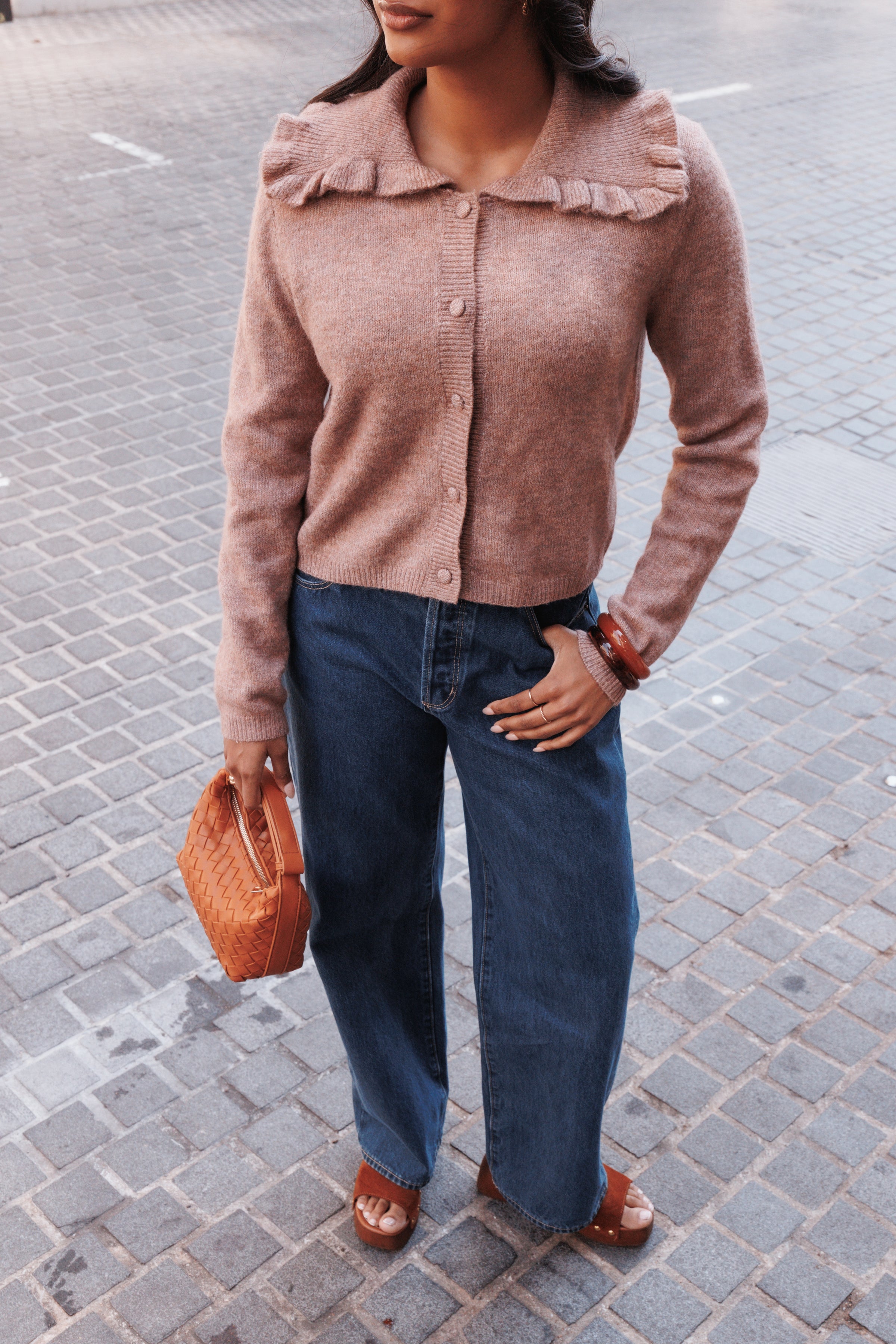 Petal and Pup USA KNITWEAR Carmello Frill Collar Cardigan - Mocha