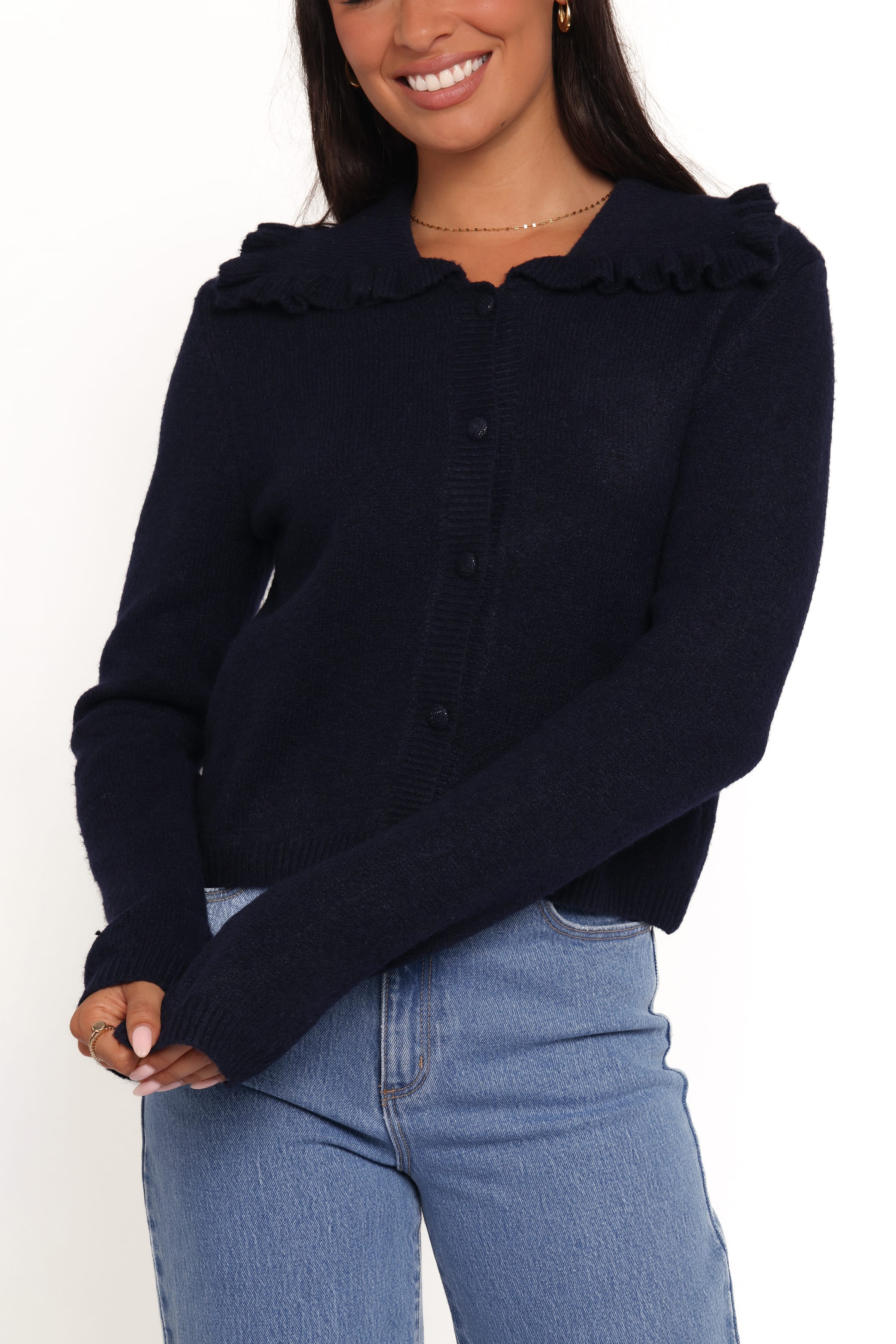 Petal and Pup USA KNITWEAR Carmello Frill Collar Cardigan - Navy
