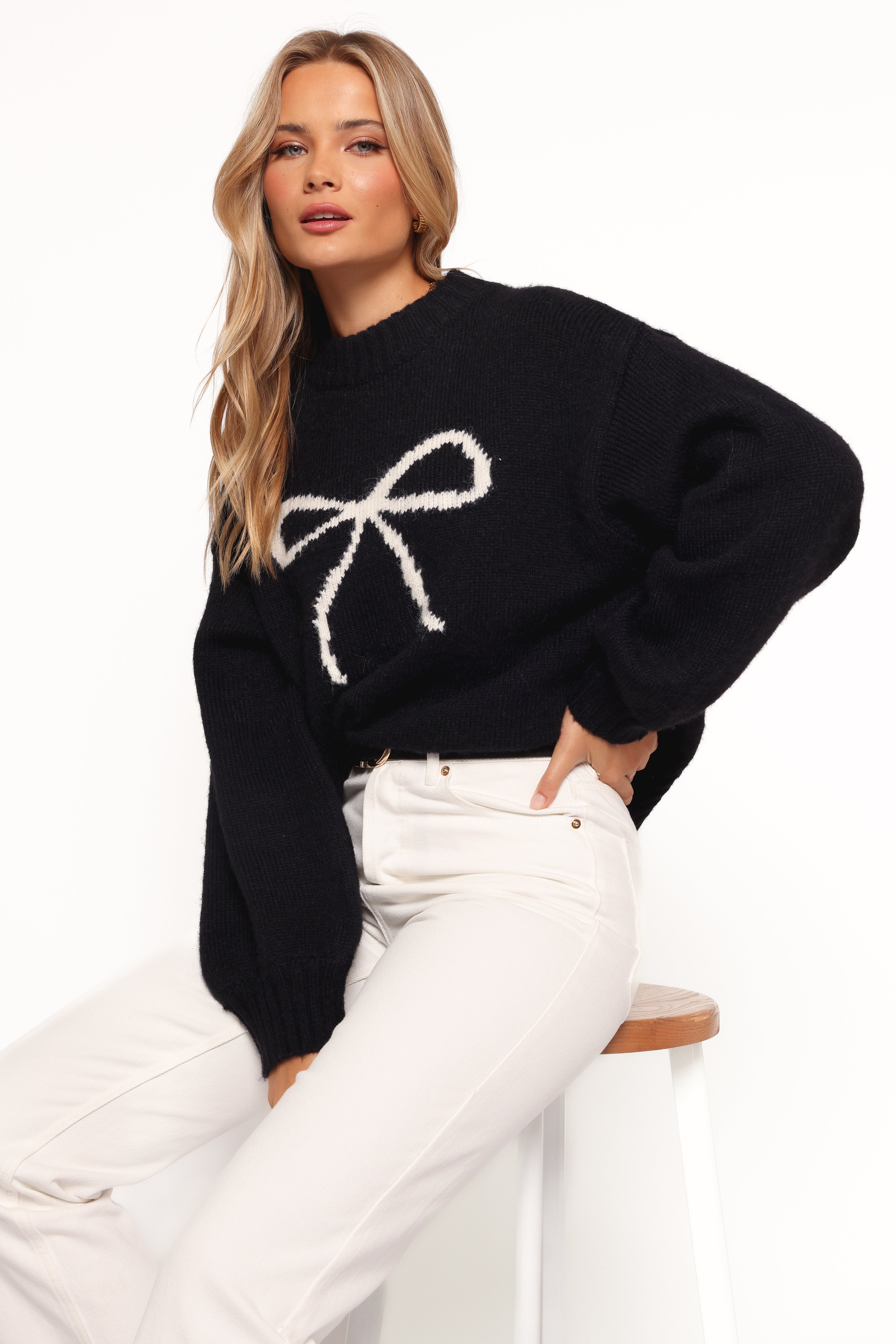 Petal and Pup USA KNITWEAR Cecelia Bow Print Mock Neck Knit Sweater - Black