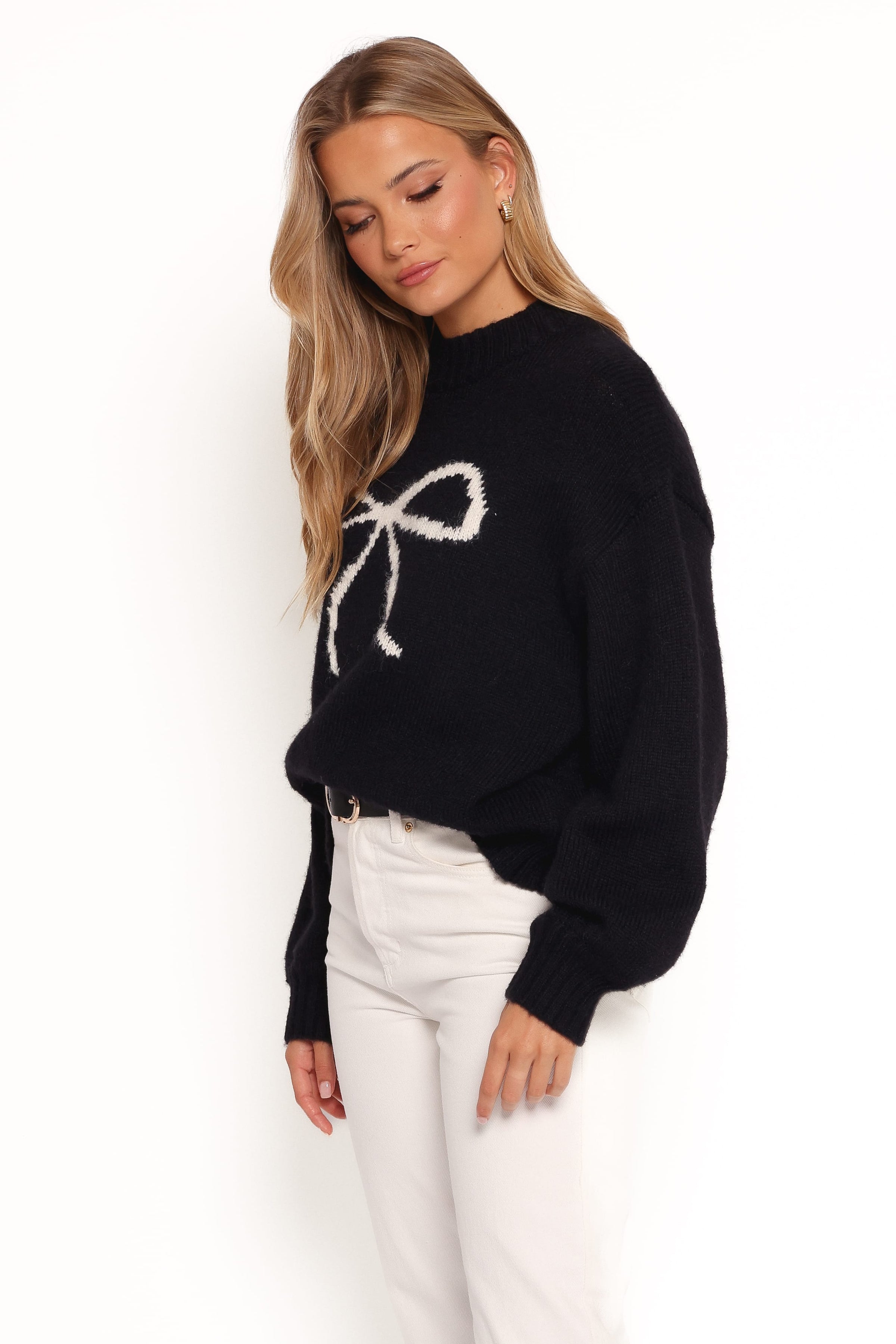 Petal and Pup USA KNITWEAR Cecelia Bow Print Mock Neck Knit Sweater - Black