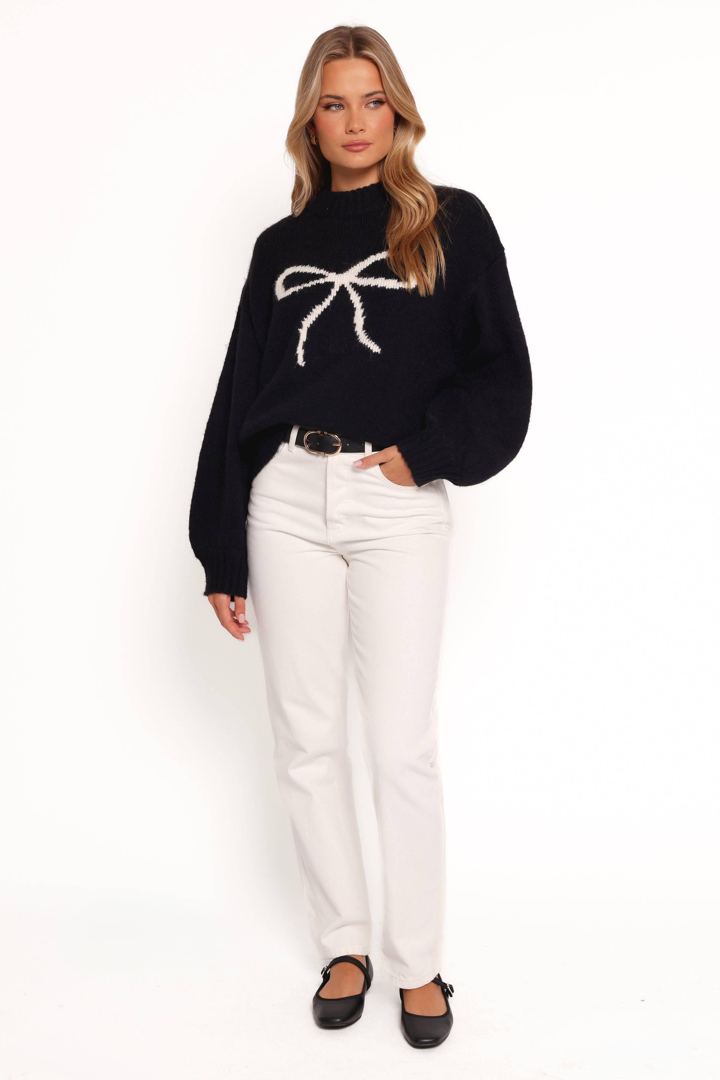 Petal and Pup USA KNITWEAR Cecelia Bow Print Mock Neck Knit Sweater - Black