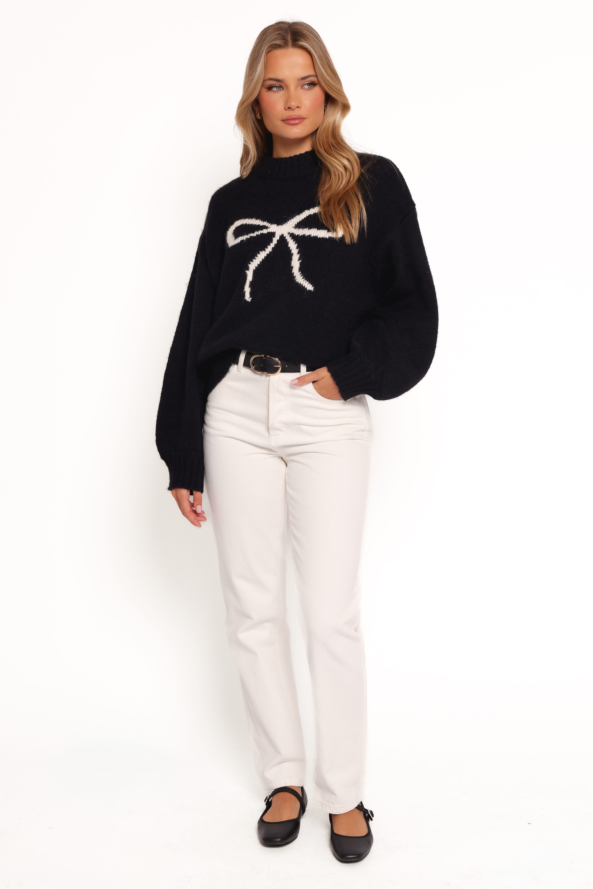 Petal and Pup USA KNITWEAR Cecelia Bow Print Mock Neck Knit Sweater - Black