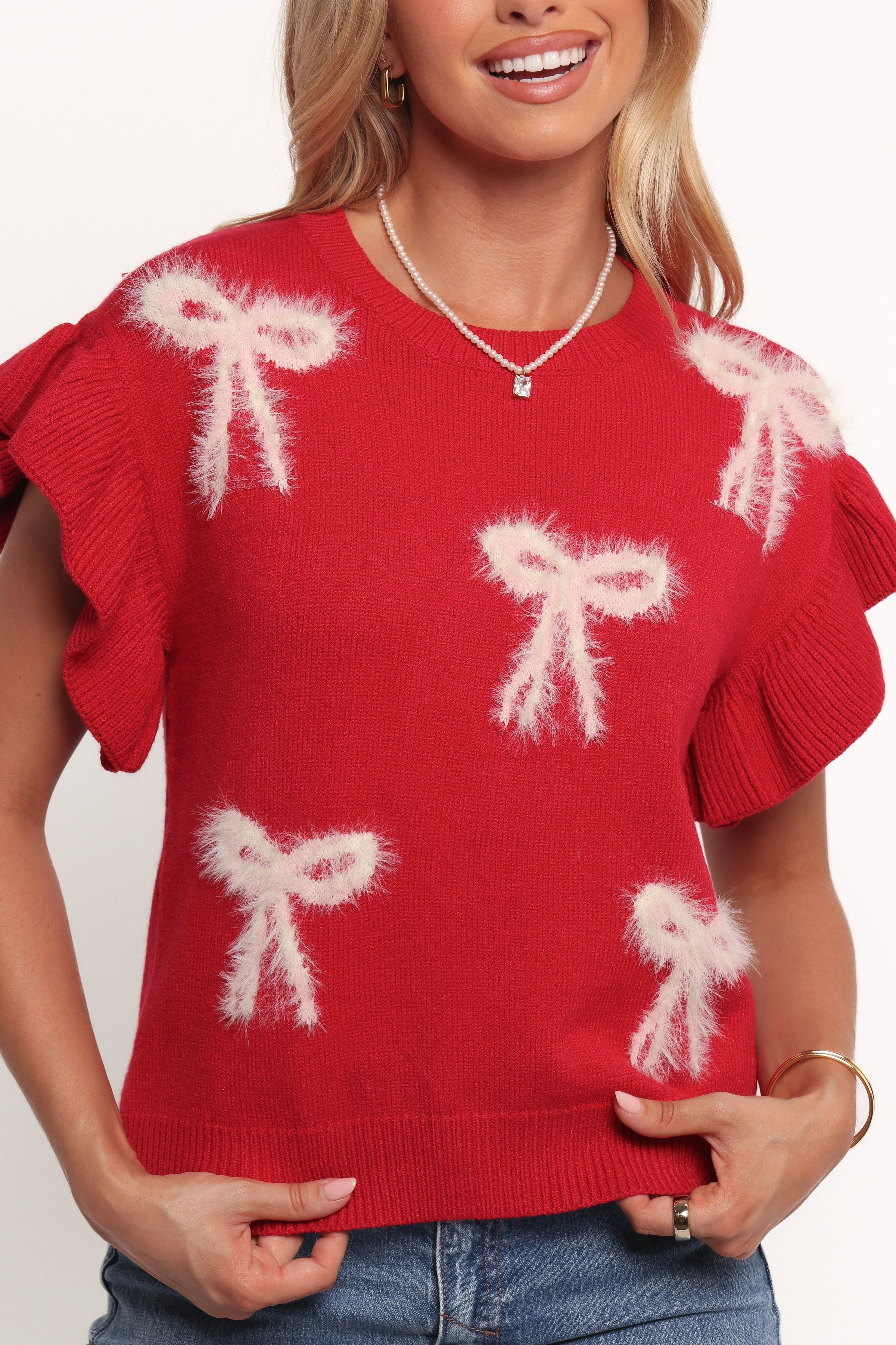 Petal and Pup USA KNITWEAR Cherish Ruffle Sleeve Bow Knit Sweater - Red