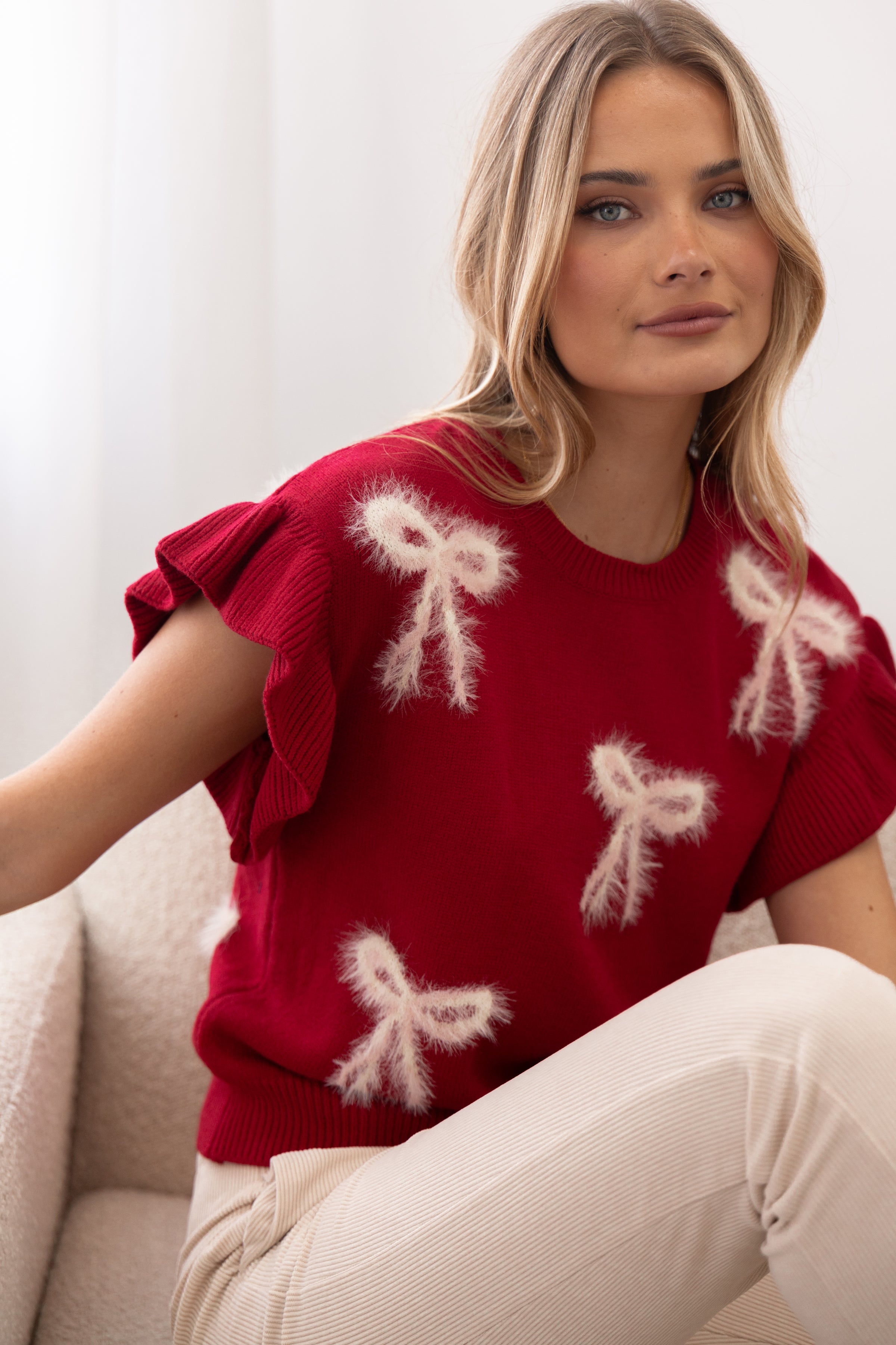 Petal and Pup USA KNITWEAR Cherish Ruffle Sleeve Bow Knit Sweater - Red