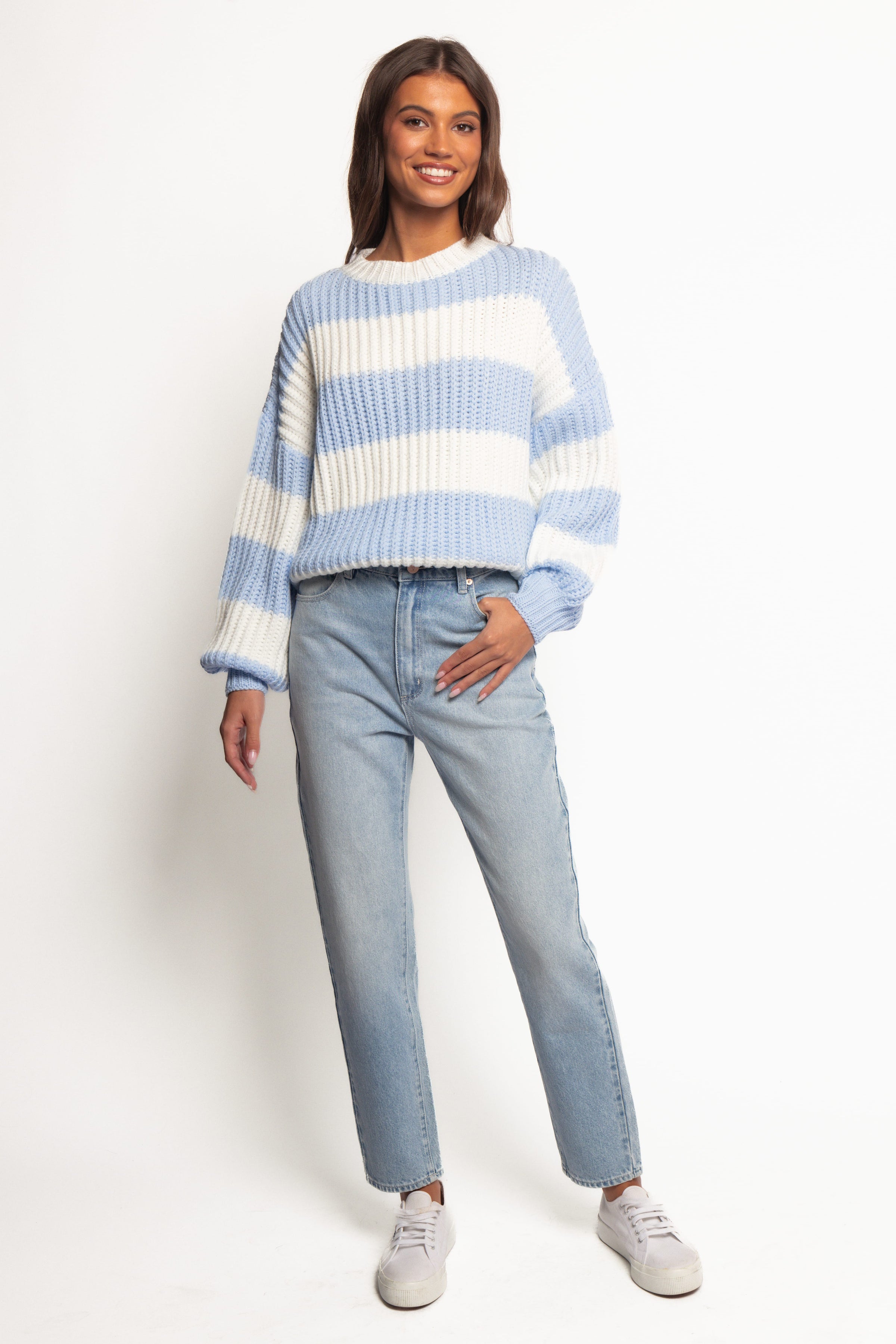 Petal and Pup USA KNITWEAR Courtney Thick Stripe Knit Sweater - Blue Cream