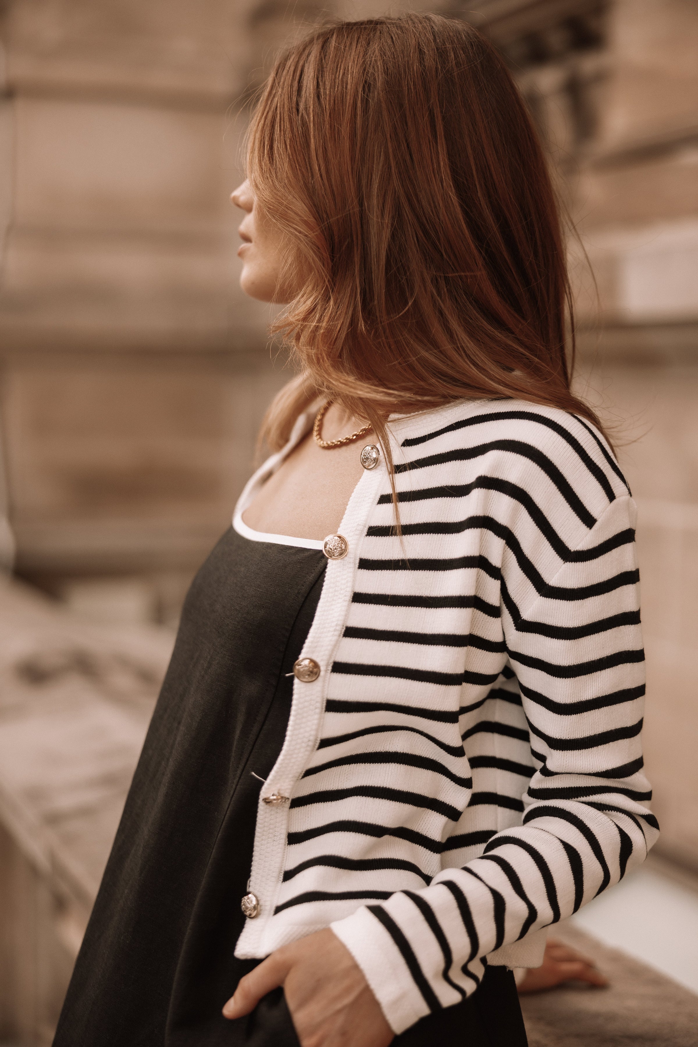 Petal and Pup USA KNITWEAR Cynthia Striped Button Front Cardigan - Black/Cream