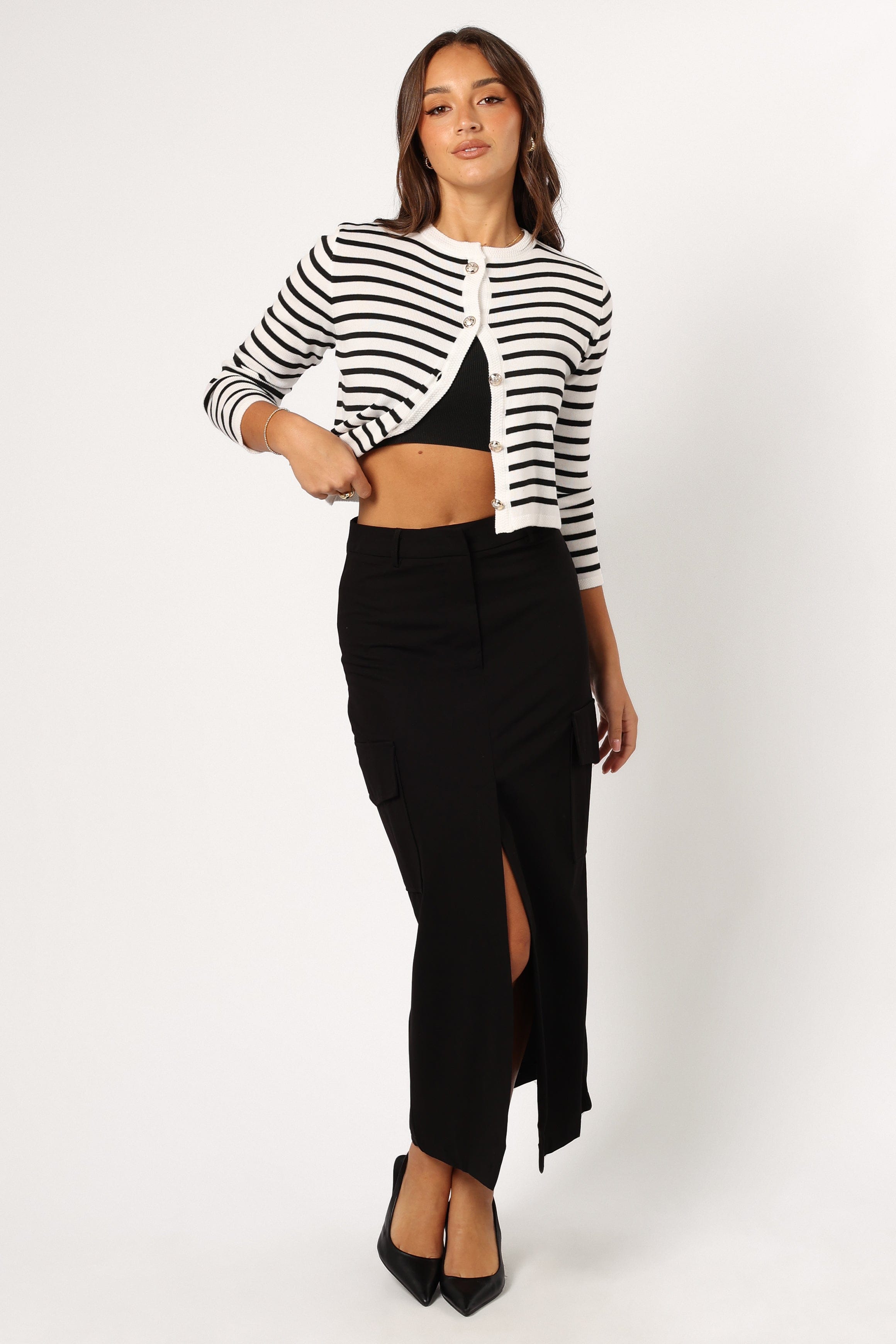 Petal and Pup USA KNITWEAR Cynthia Striped Button Front Cardigan - Black/Cream
