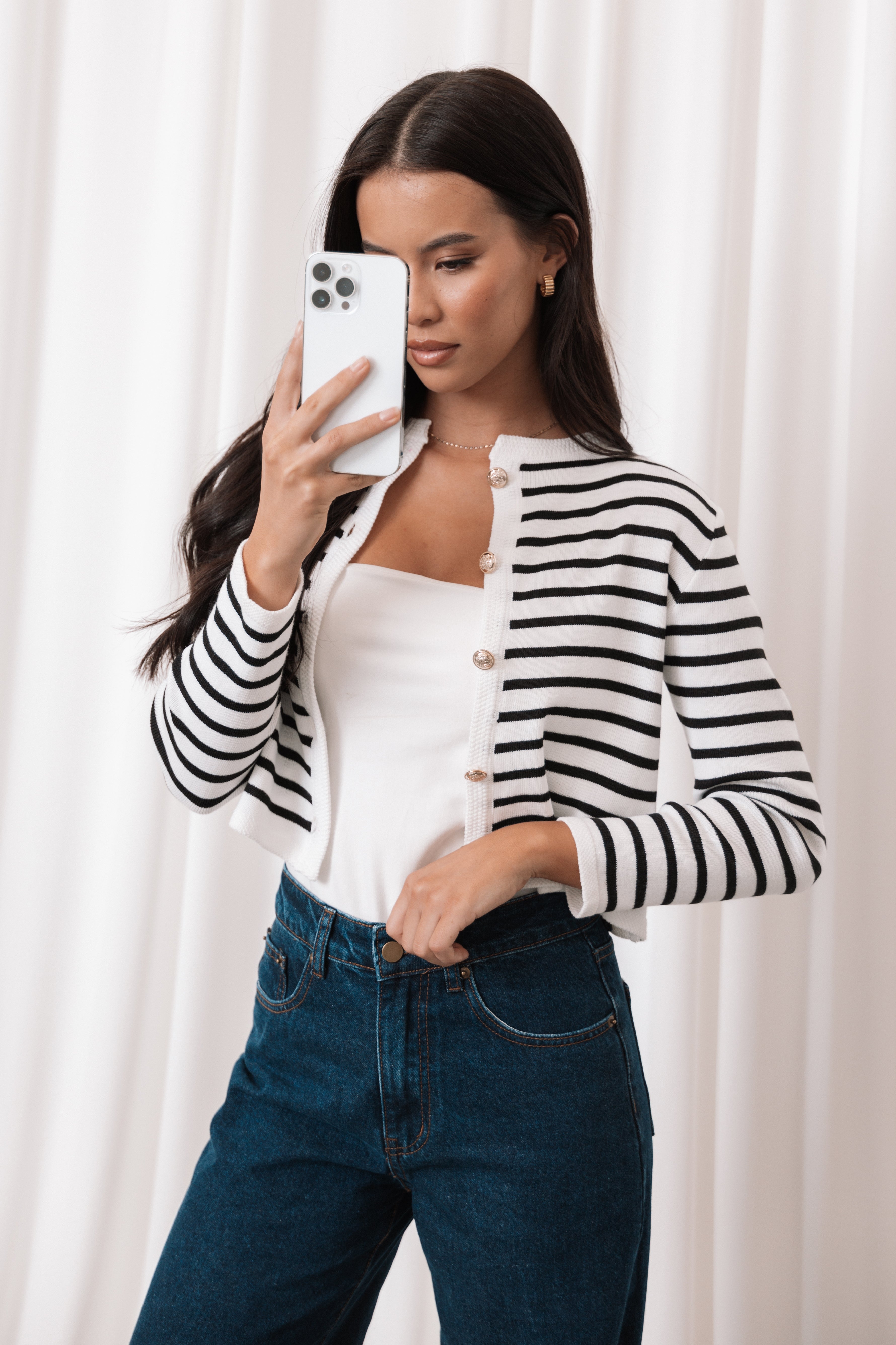 Petal and Pup USA KNITWEAR Cynthia Striped Button Front Cardigan - Black/Cream