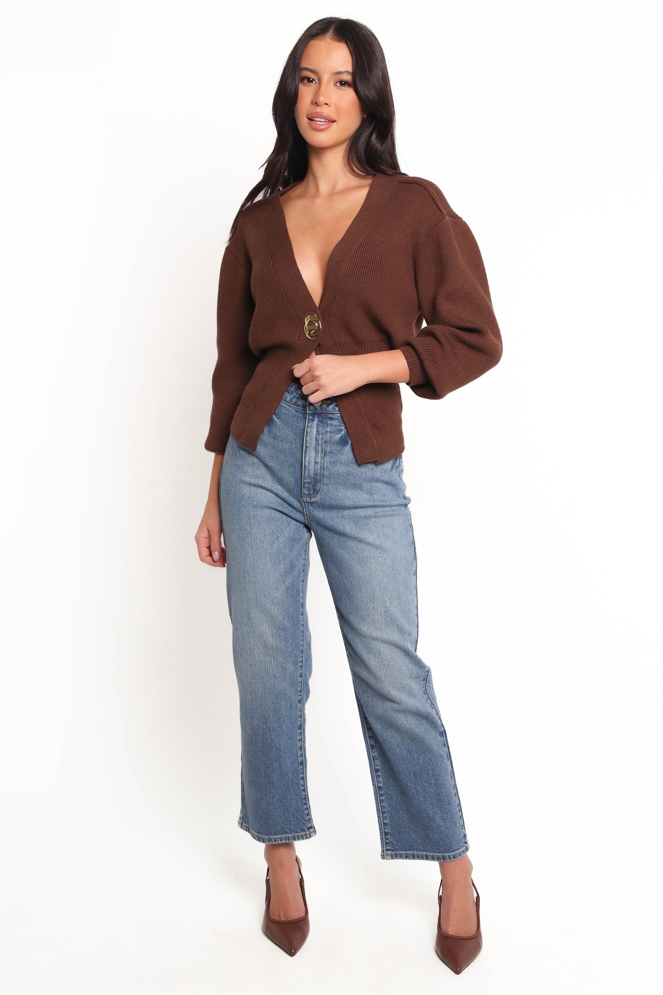 Petal and Pup USA KNITWEAR Cyrelle Single Button Cardigan - Brown