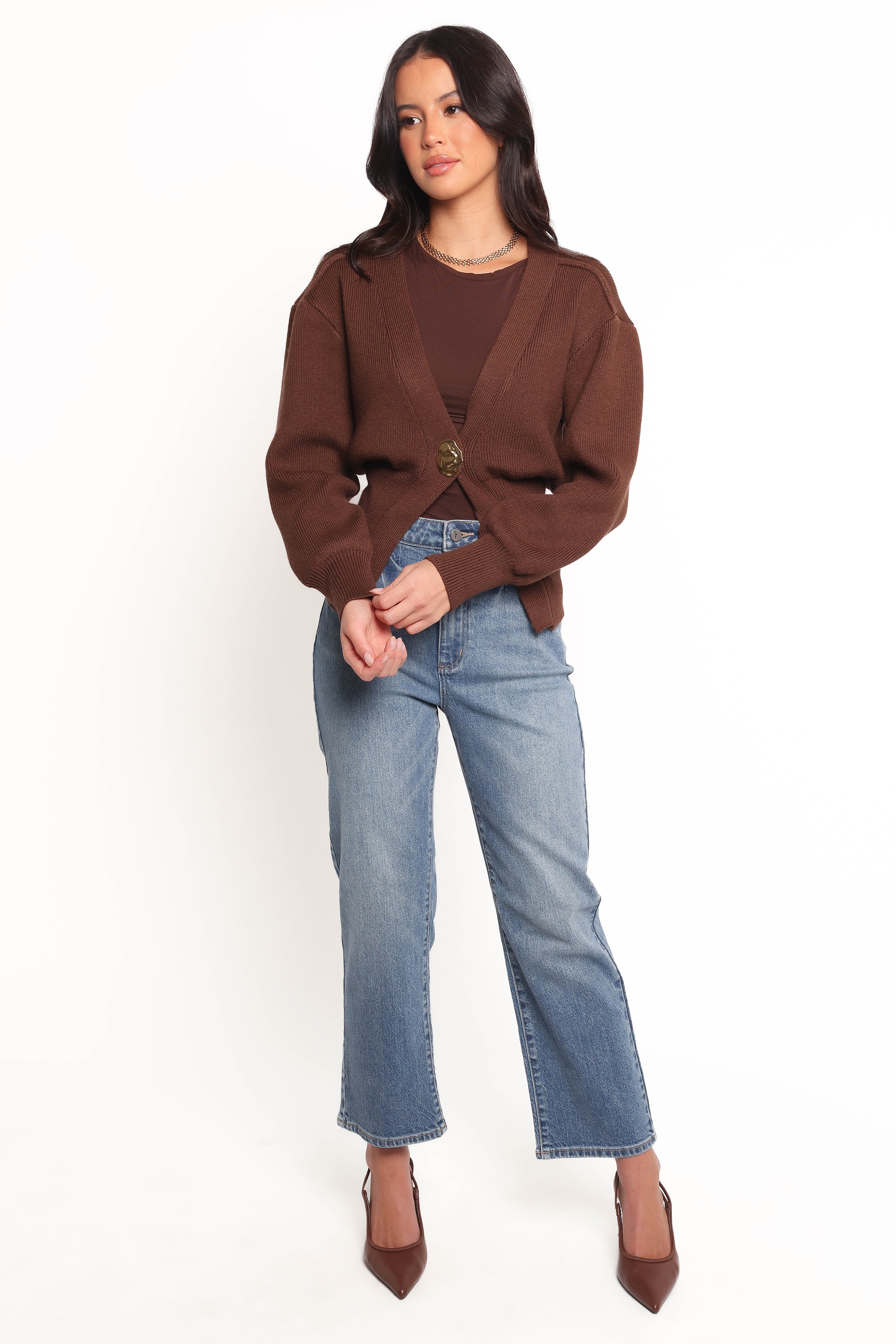 Petal and Pup USA KNITWEAR Cyrelle Single Button Cardigan - Brown