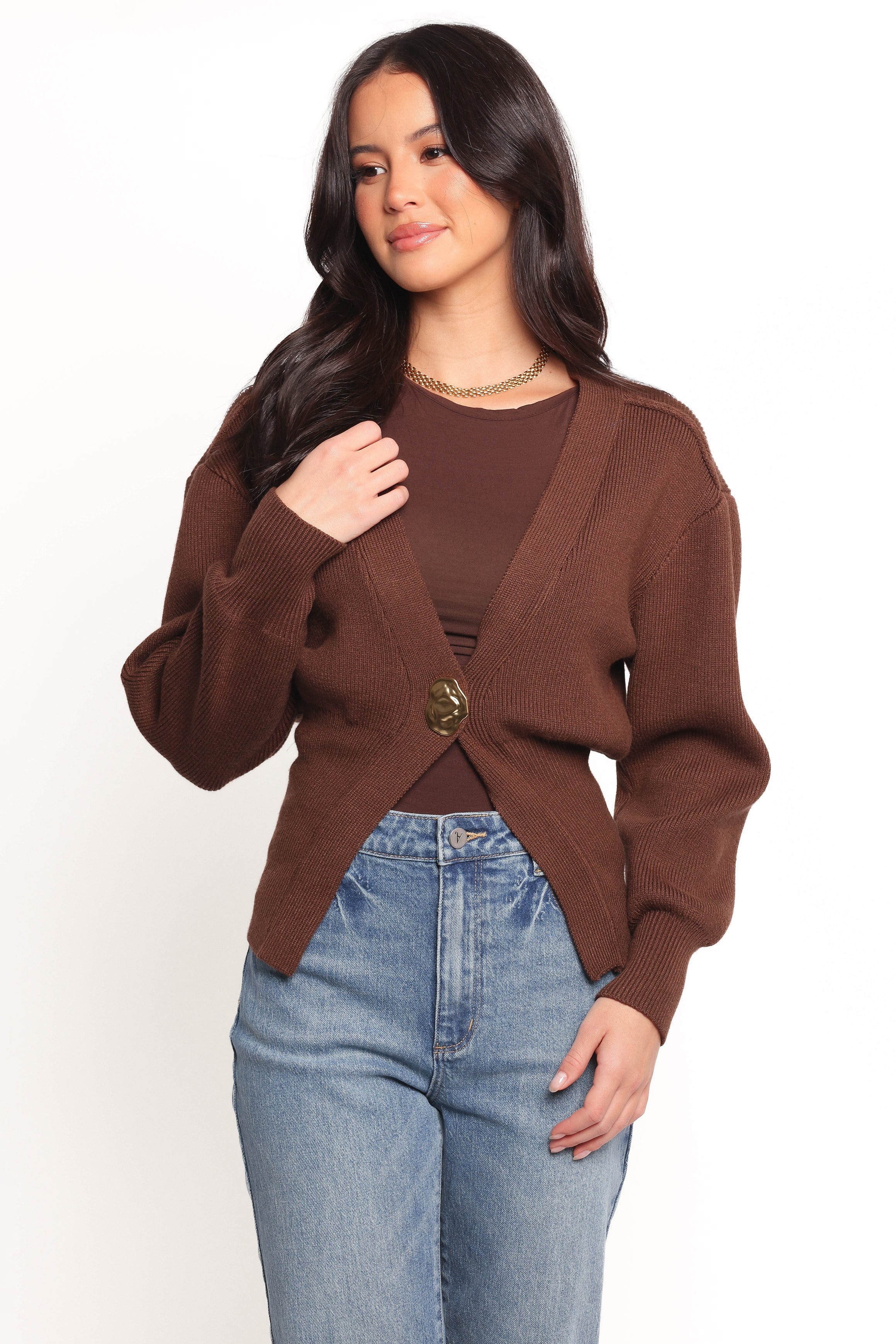 Petal and Pup USA KNITWEAR Cyrelle Single Button Cardigan - Brown